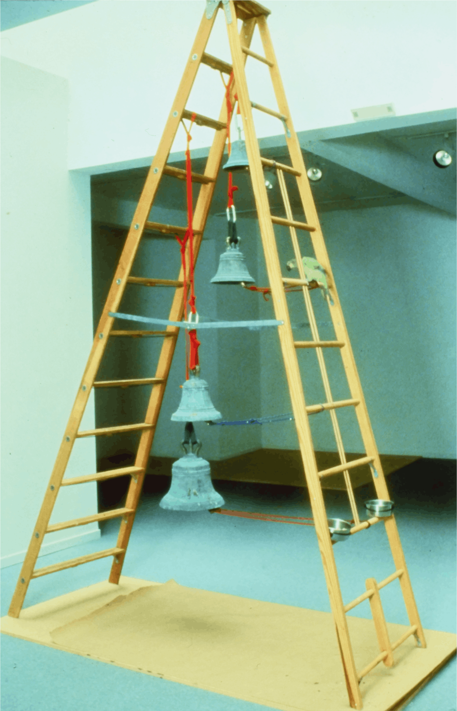 Paul Kos, International Bed and Breakfast, 1992, Blue Front Amazon Parrot, Bronze bells, ladder and rope, 144x96x48
