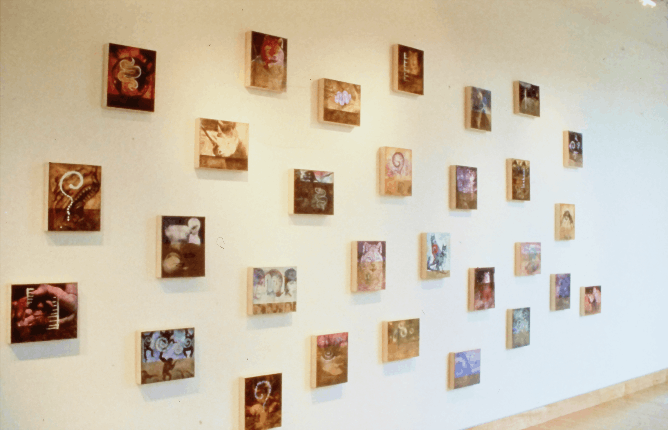 Peggy Cyphers, Paradisical Lexicon-Genealogy, 1992 Acrylic, collage, sand, diamond dust, and canvas over wood, 29 panels, 12x10 each