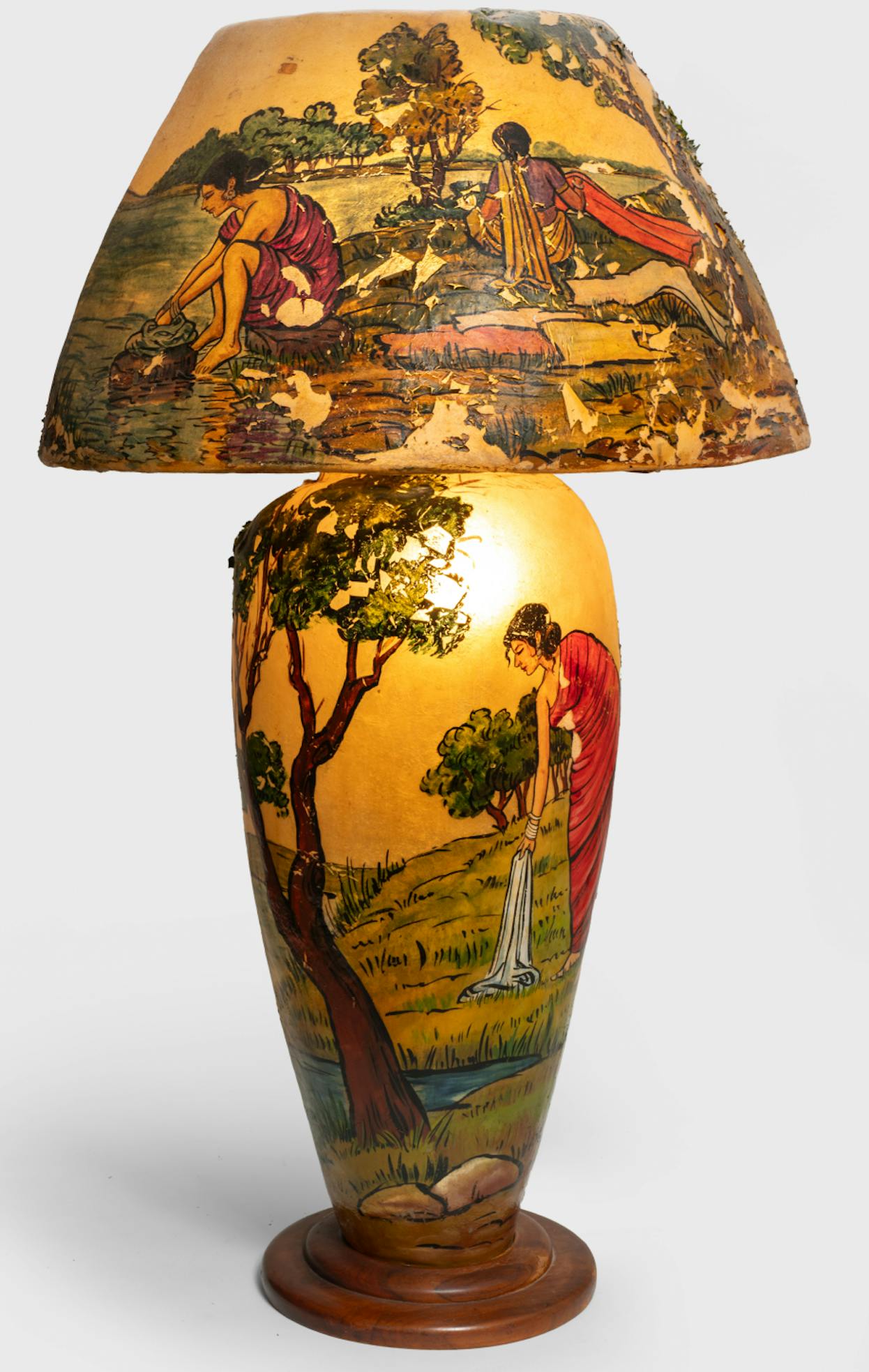 Midcentury Iraqi Lamp, circa 1950 Camel bladder, wood hand-painted detail, 38 x 23 x 23 in