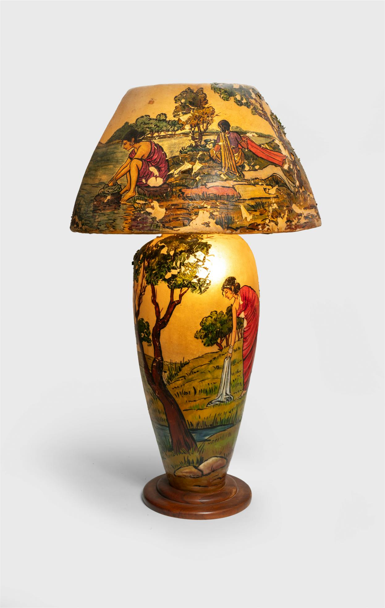 Midcentury Iraqi Lamp, circa 1950
Camel bladder, wood hand-painted detail, 38 x 23 x 23 in