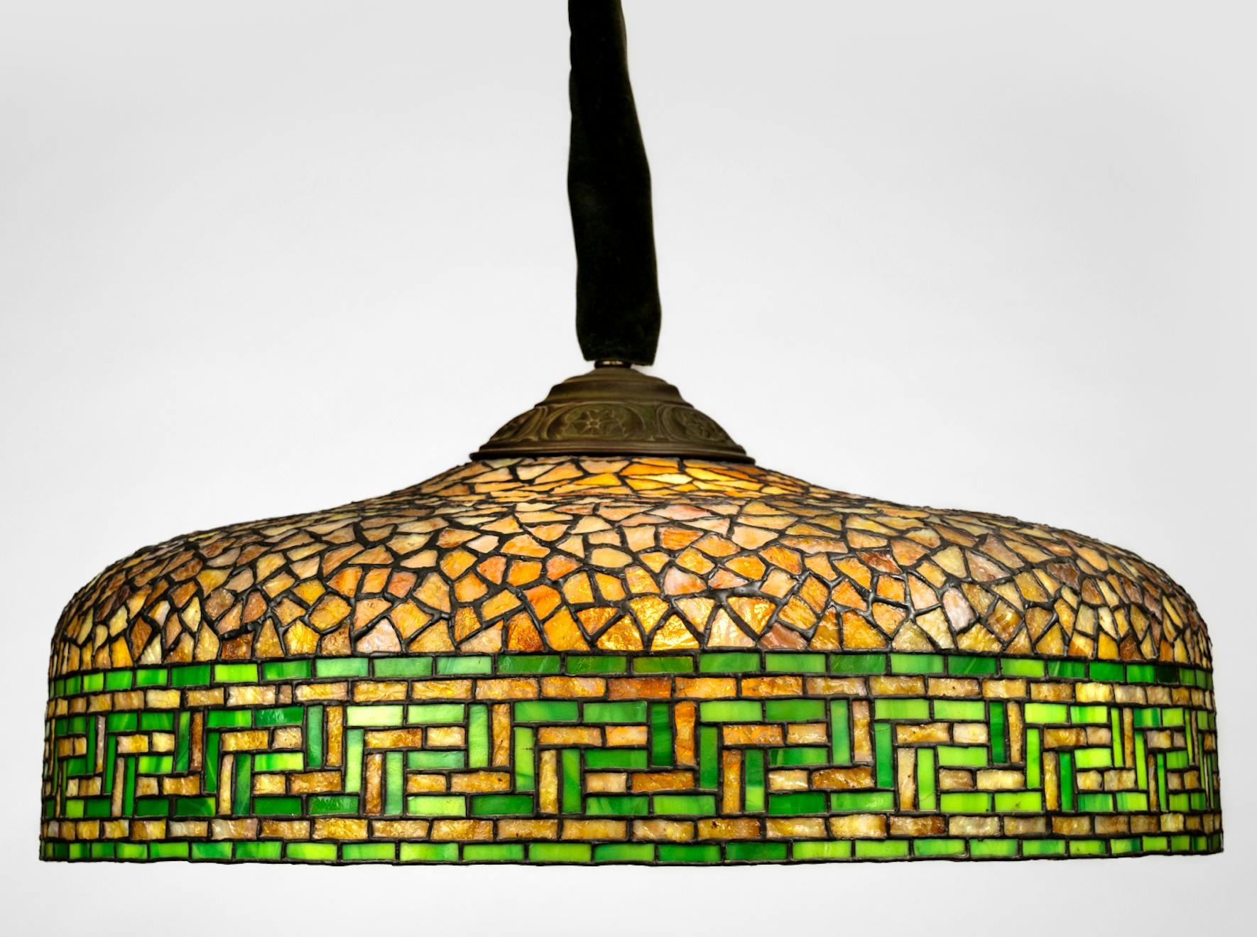 Lamp Shade, circa 1900 Bronze, copper, reverse-painted glass, 24 x 24 x 9 in