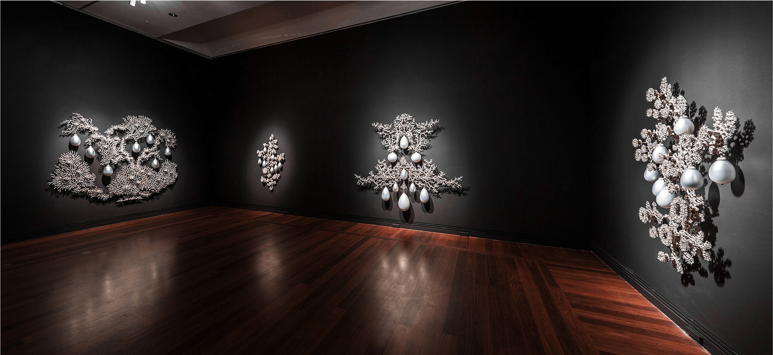 Timothy Horn, Gorgonia 15 (Installation view), nickle-plated bronze, mirrored blown glass