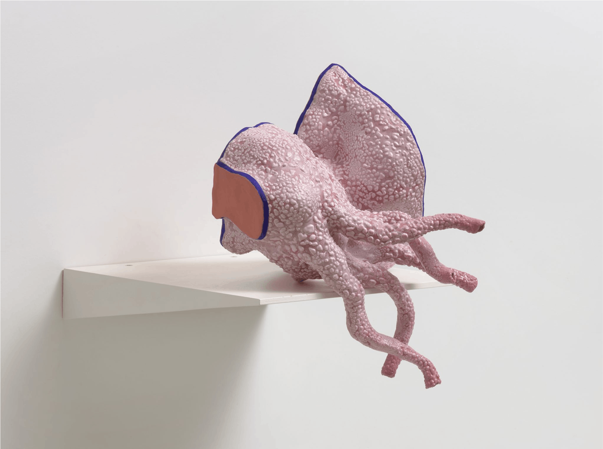 “Show Off,” 2018 Glazed ceramic, resin, paint, wood, 13 x 13 x 10