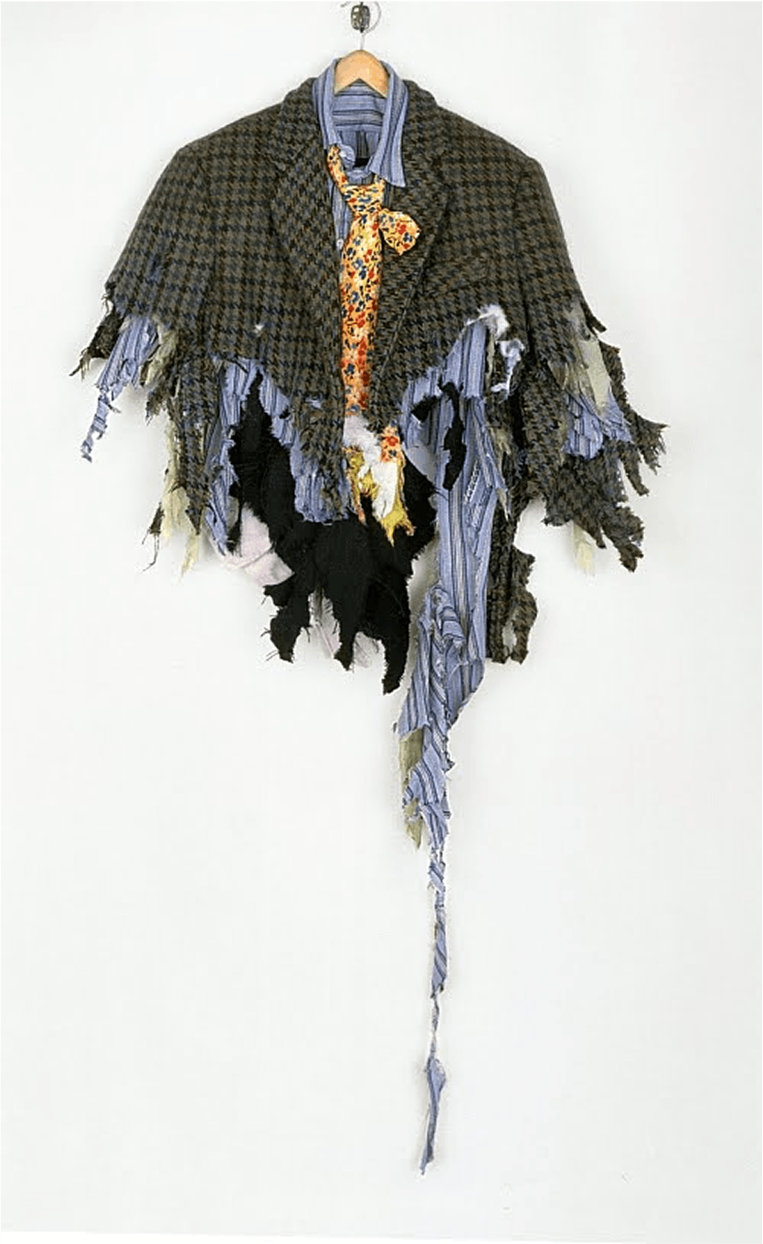 Charles LeDray, Torn Suit, fabric, thread, wood, metal, plastic, animal horn, acrylic paint, 29 1_4 x 13 x 3 1_4 inches, 1997-98