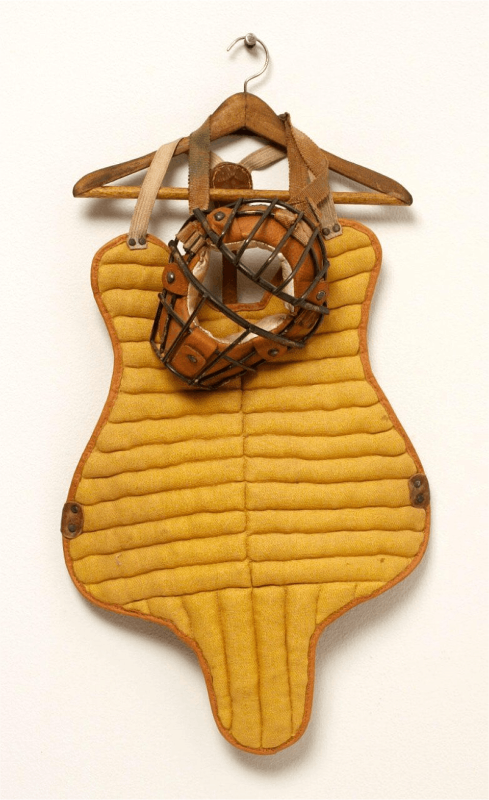 (b. 1960), Catcher’s Vest, 2005–2006. Fabric, thread, cotton batting, leather, elastic, grosgrain ribbon, metal, metal patina, wood, wood stain, paint, 14 ¾ x 8 ¼ x 2 ¾ inches