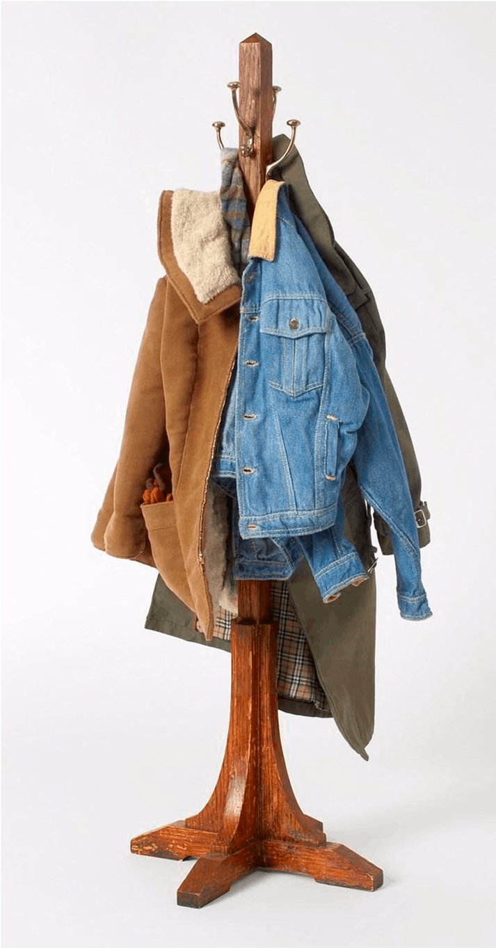 Hall Tree, 2006, wood, wood stain, casin, paint, shellac, brass, fabric, thread, leather, plastic, gold-plated brass, white-gold plated brass, and dirt