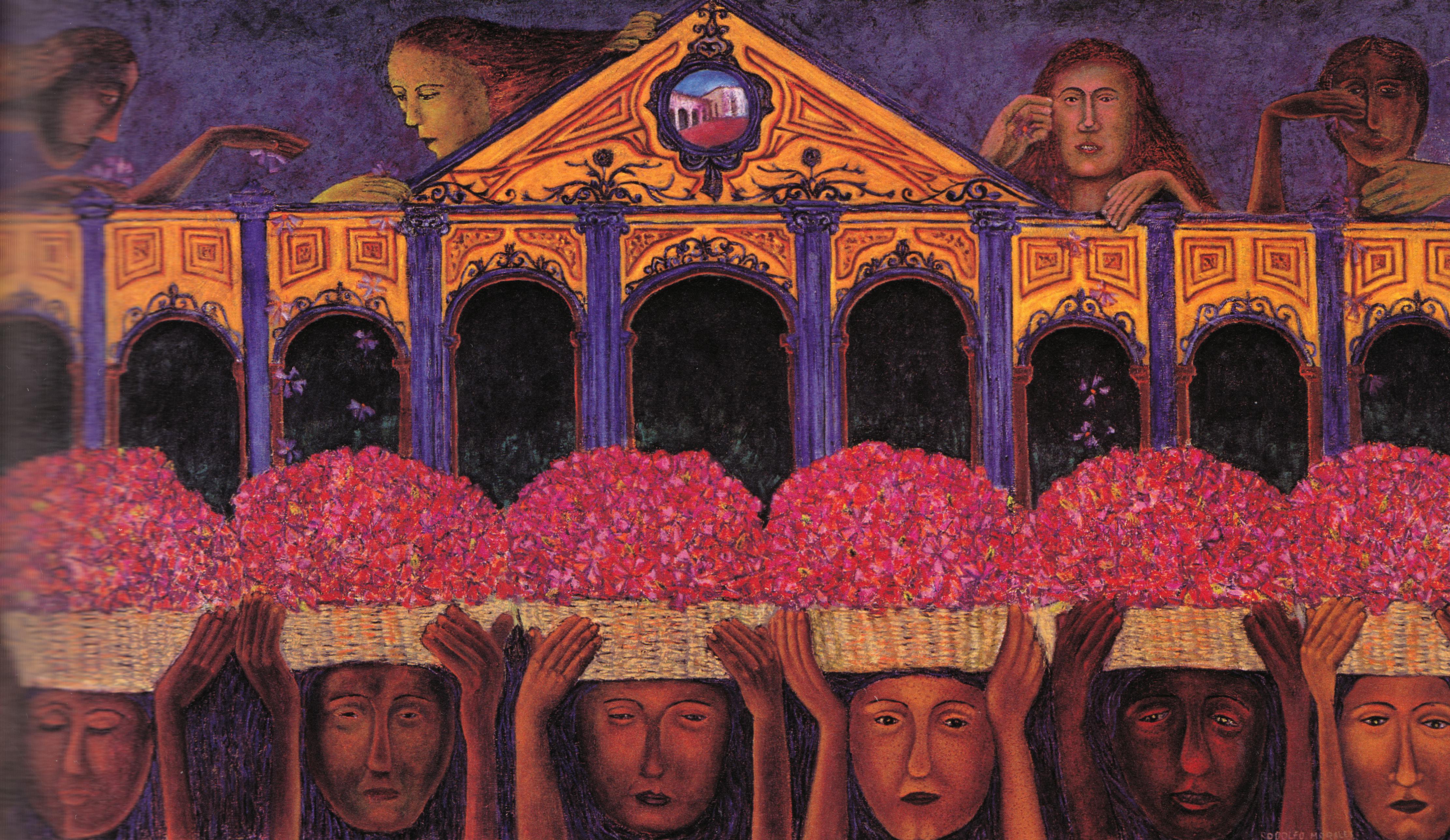 Rodolfo Morales, Canasta de flores_ Basket of flowers, no date, oil on canvas, 51 x 90 inches