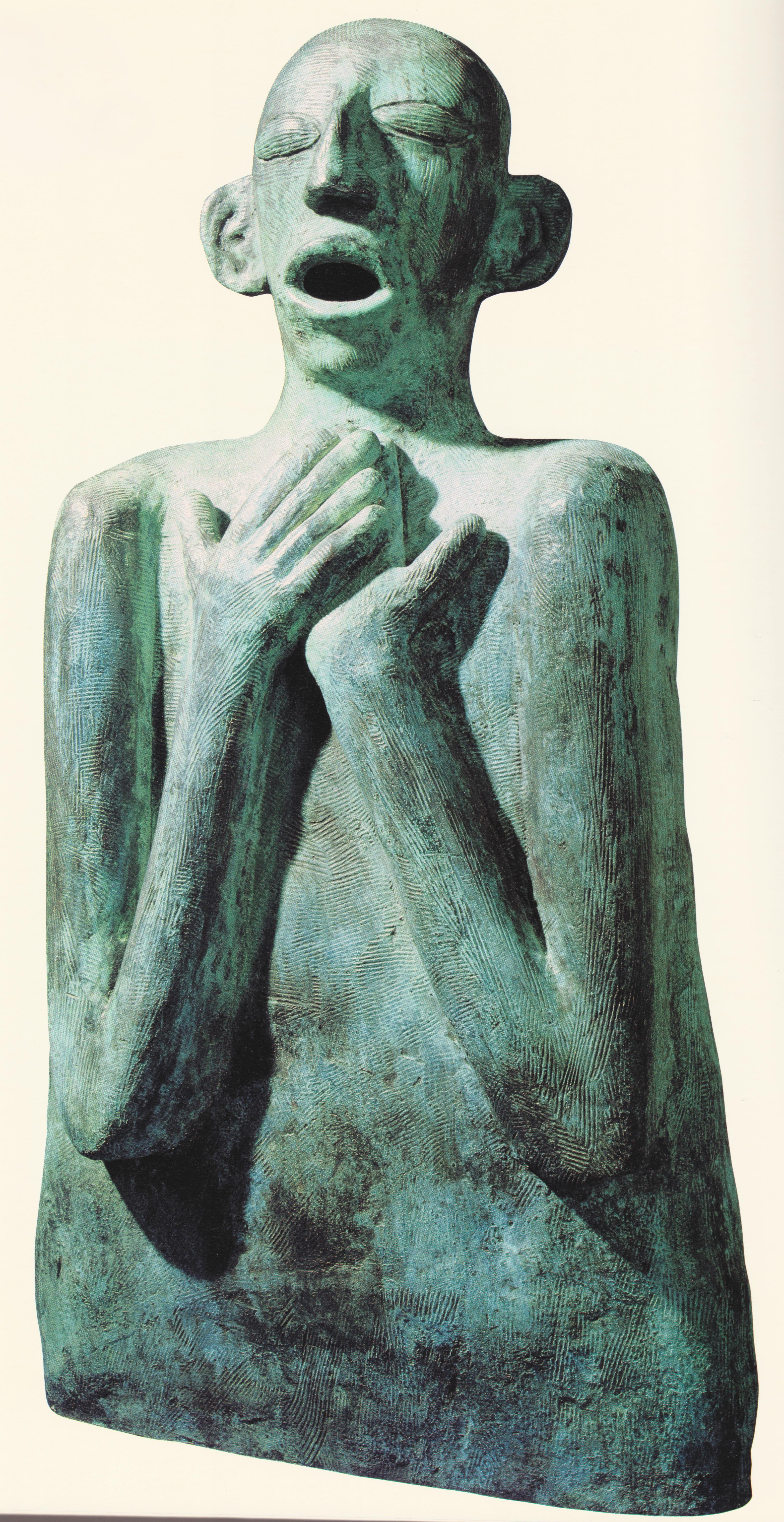 Adolfo Riestra, Torso orejon con manos en el pecho_ Big-eared torso with hands on chest, 1988, bronze, 29 x 16 x 5 inches