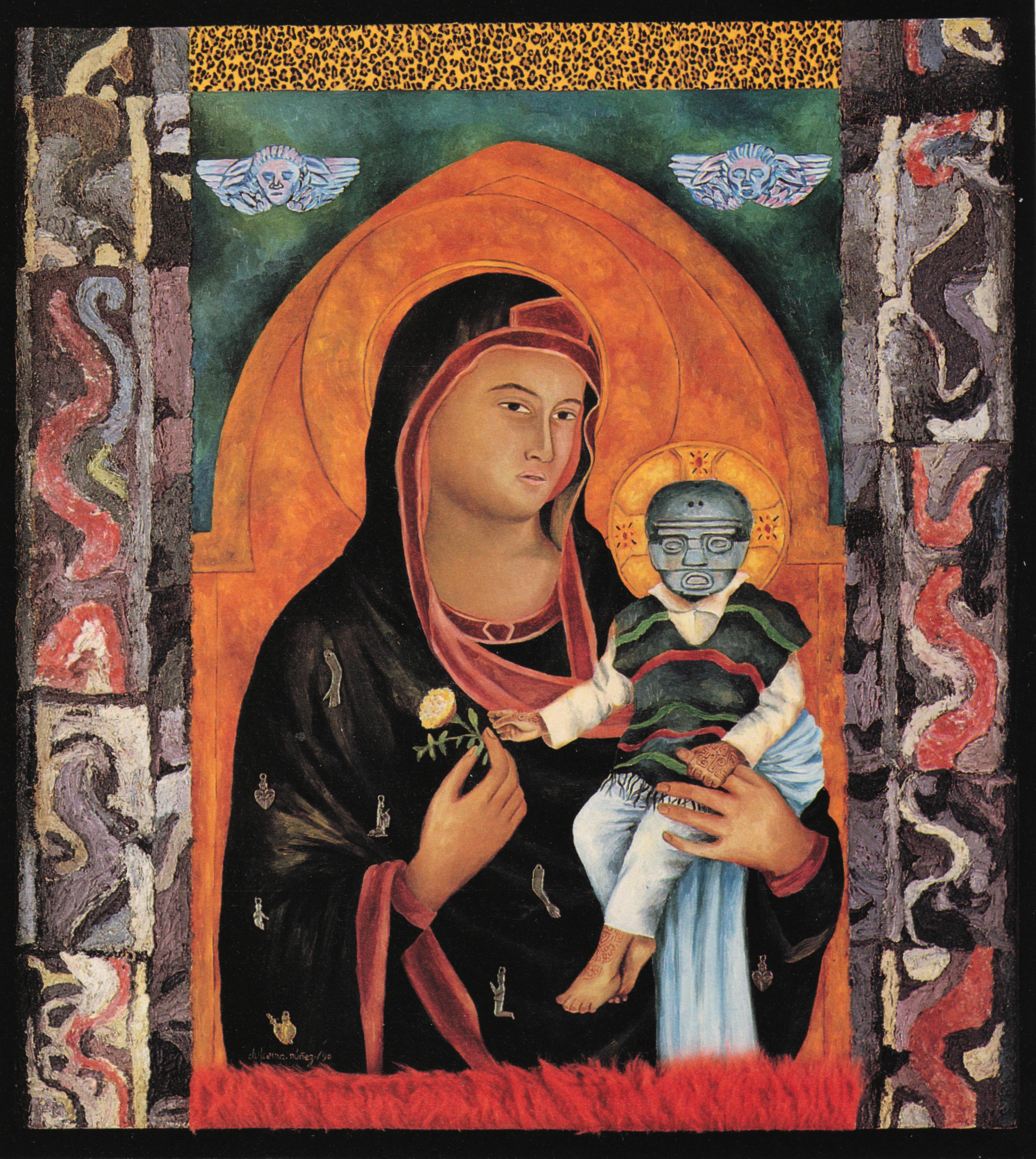 Dulce Maria Nunez, Le Virgin y el nino_ The Virgin and Child, 1990, oil and collage on particle board, 26 x 24 inches