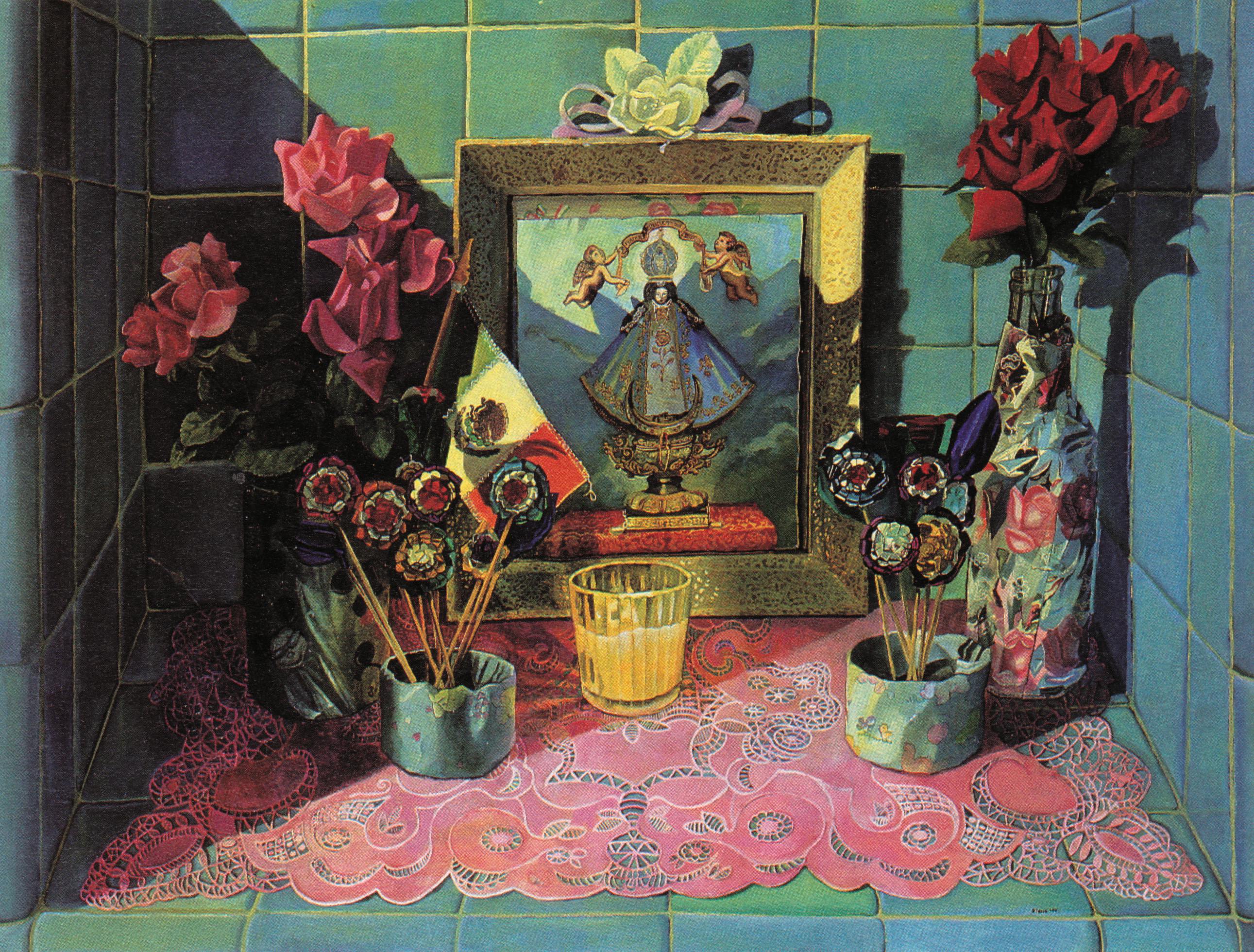 Elena Climent, Altar con azulejos_Altar with titles, 1992, oil on linen mounted on panel, 18 x 24 inches