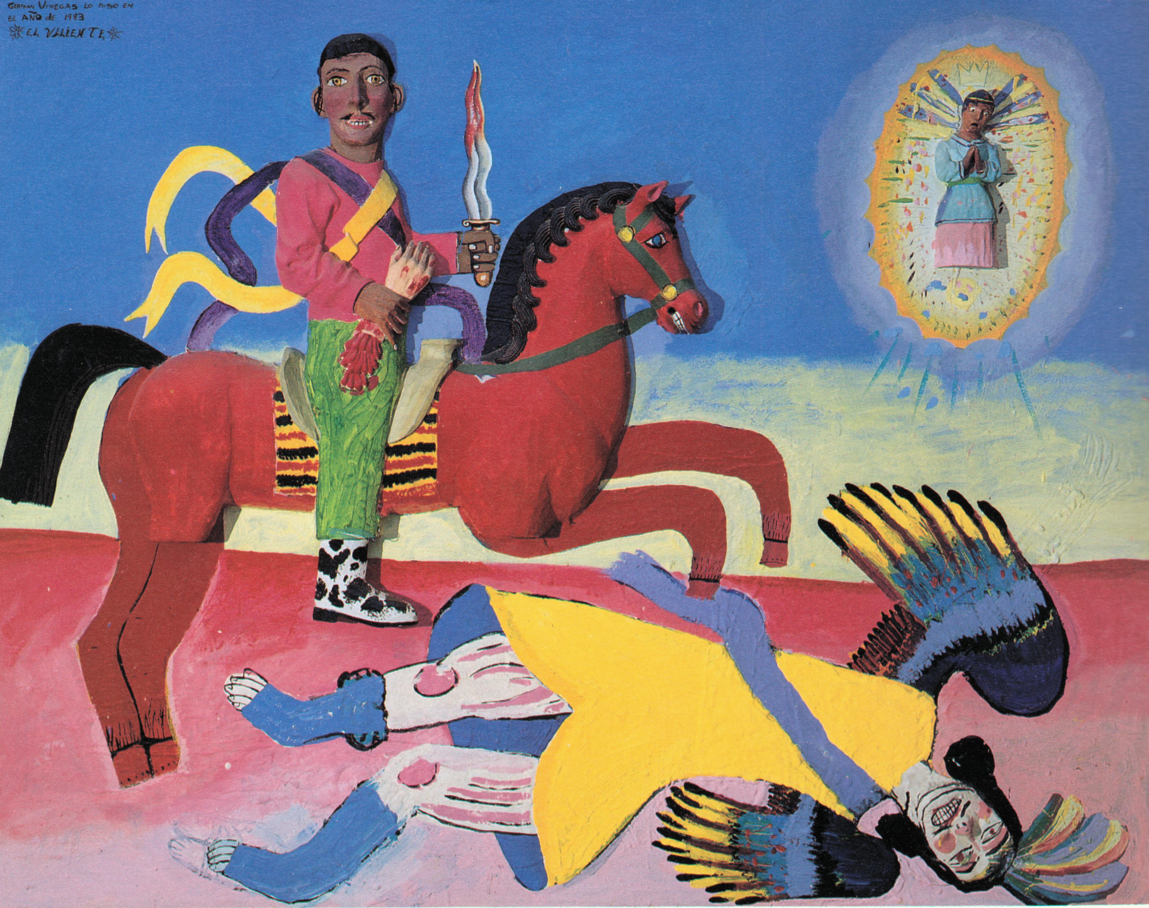 German Venegas, El Valiente_ The Brave, 1983, acrylic and wood carving on canvas,  55 x 70 inches