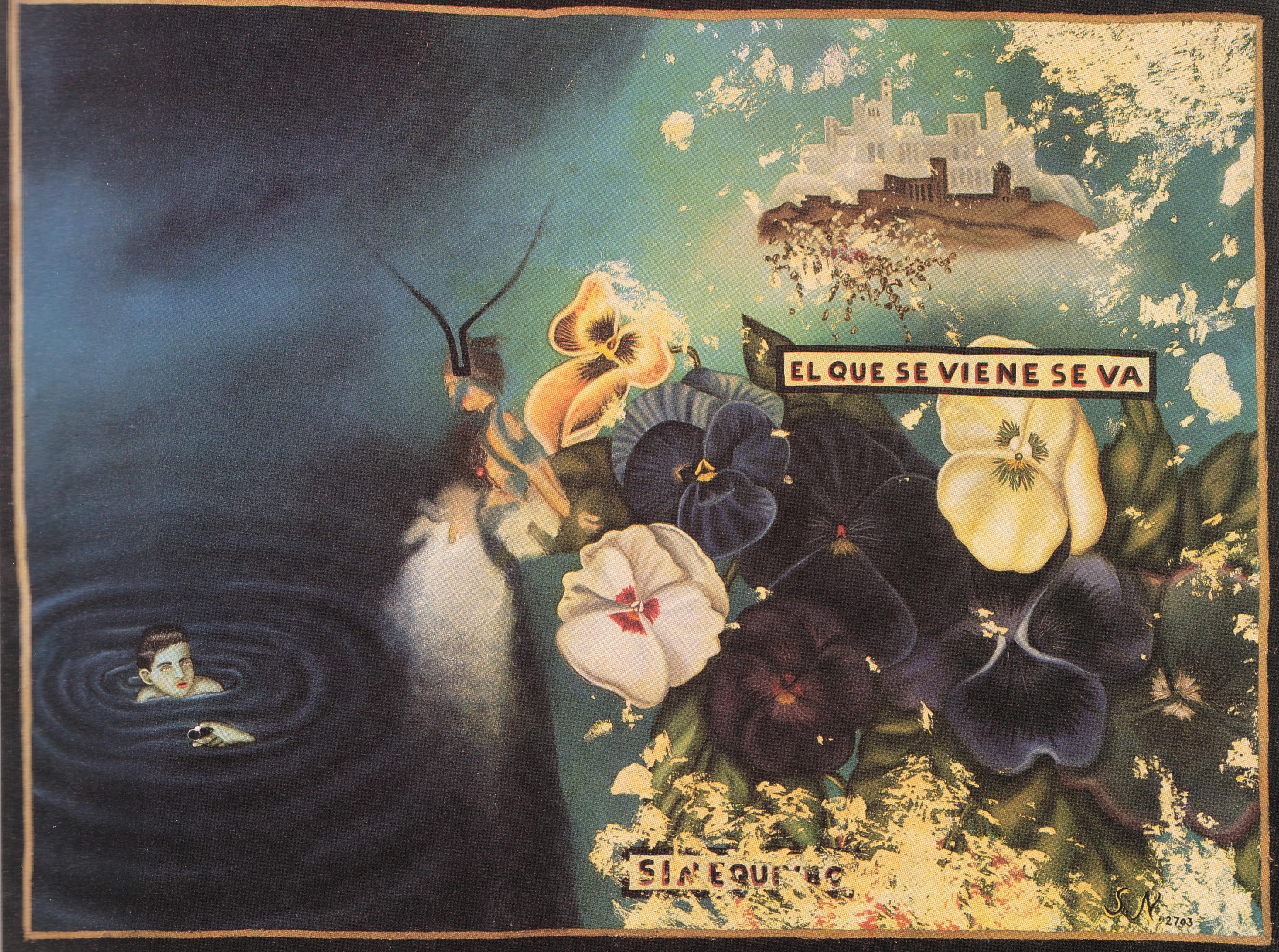 Julio Galan, El que se viene se va_He who comes leaves, 1988, oil and montage on canvas, 68 x 90 inches