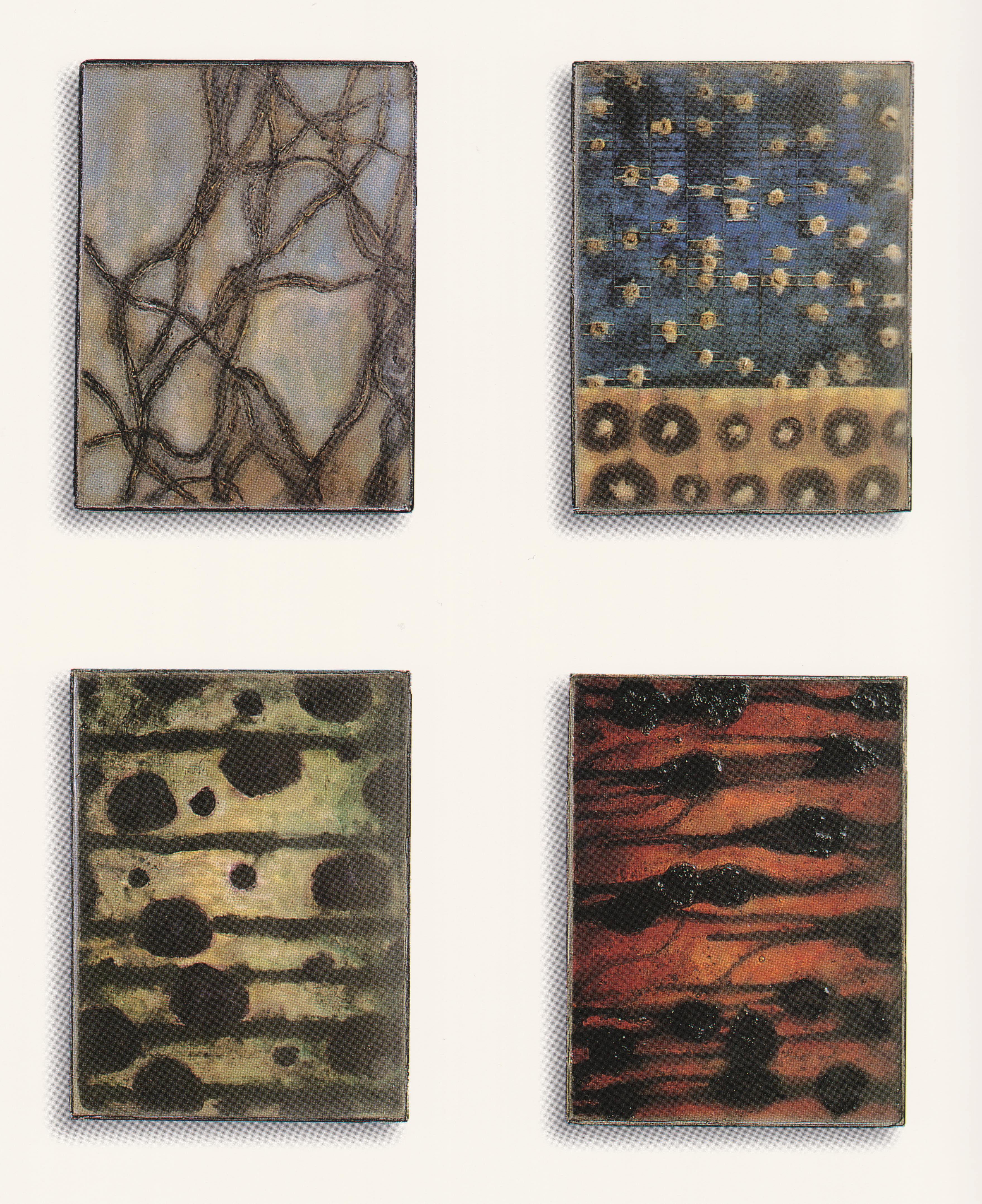 Thomas Nakada, Filament, Methylene Blue, Markers, and Orbs V, 1993, oil and wax on wood, 12 x 9 each