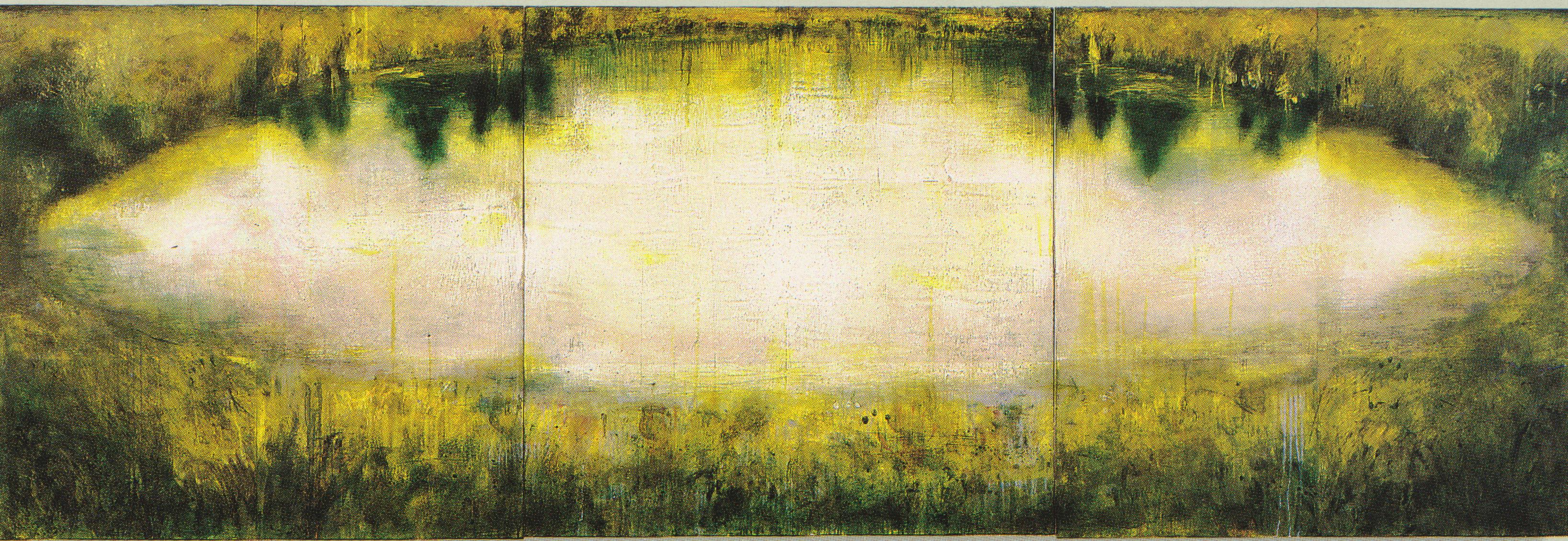 Katherine Bowling, Divided pond, 1991, oil and spackle on wood, three panels 48 x 144 overall
