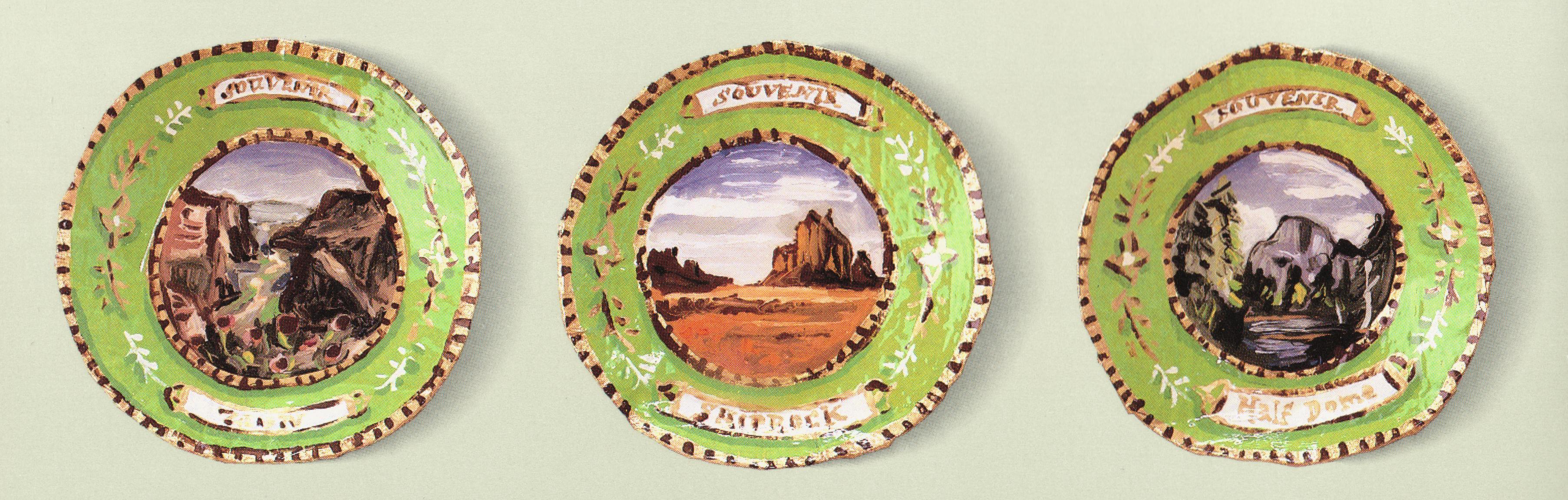 Jean Lowe, Souvenir Plates, 1994, papier-mache, enamel, metal leaf and resin, 13 inches diameter