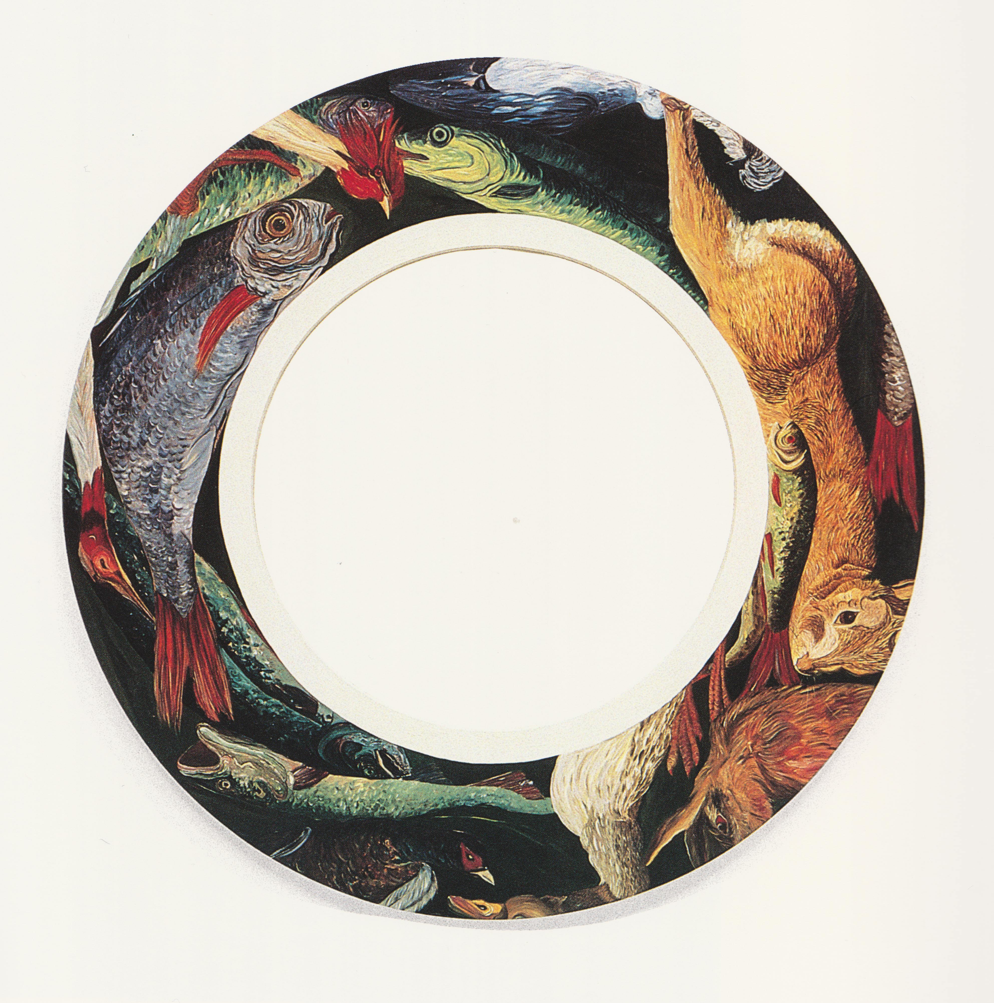 Renee Petropoulos, Northern European Gamer, Fish and Fowl, 1993, oil on panel, 48 inches in diameter