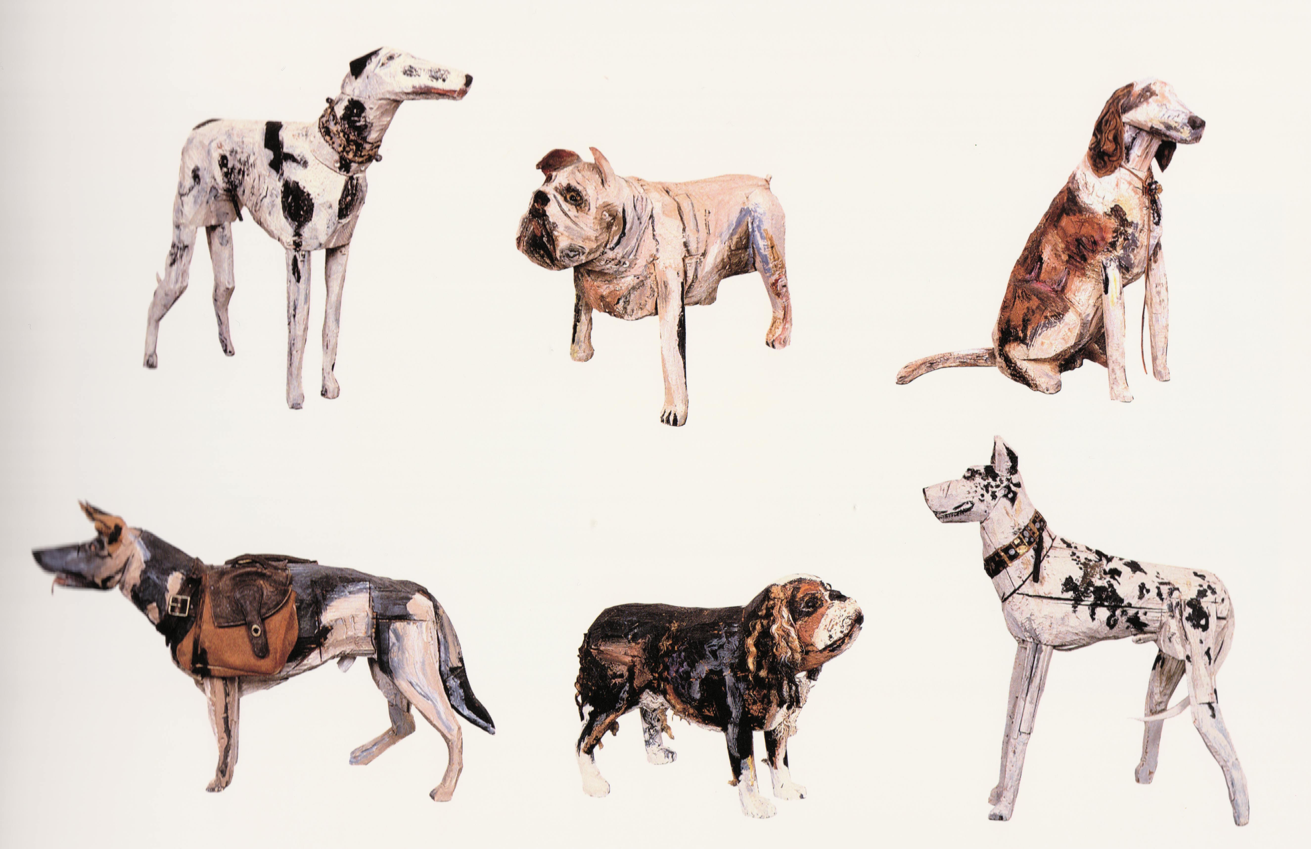 Jim Lawrence, Greyhound Whippet, 1991, 28 x 30 x 6 inches; Chinese Pug 1990, 17 x 21 x 10 inches; English Setter, 1990, 27 x 27 x 10 inches; German Shepherd, 1990, 24 x 43 x 15 inches; St Charles spaniel, 1991, 16 x 24 x 8 inches; Great Dane, 1990, 49 x 43 x 14 inches, Mixed Media