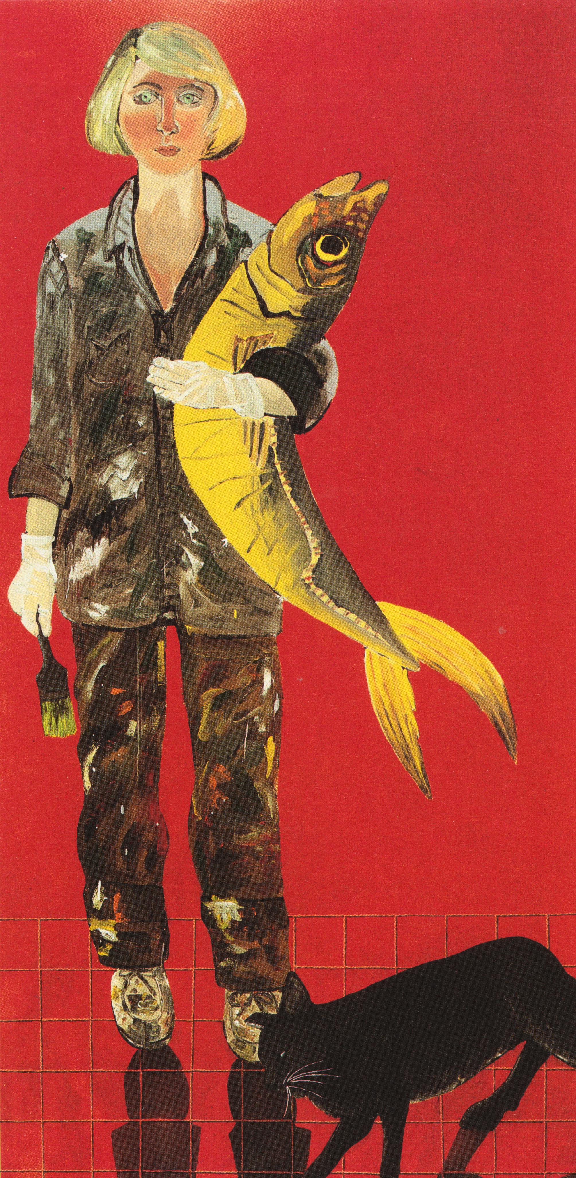 Joan Brown, Self Portrait with Fish, 1970, enamel on Masonite, 96 x 48 inches