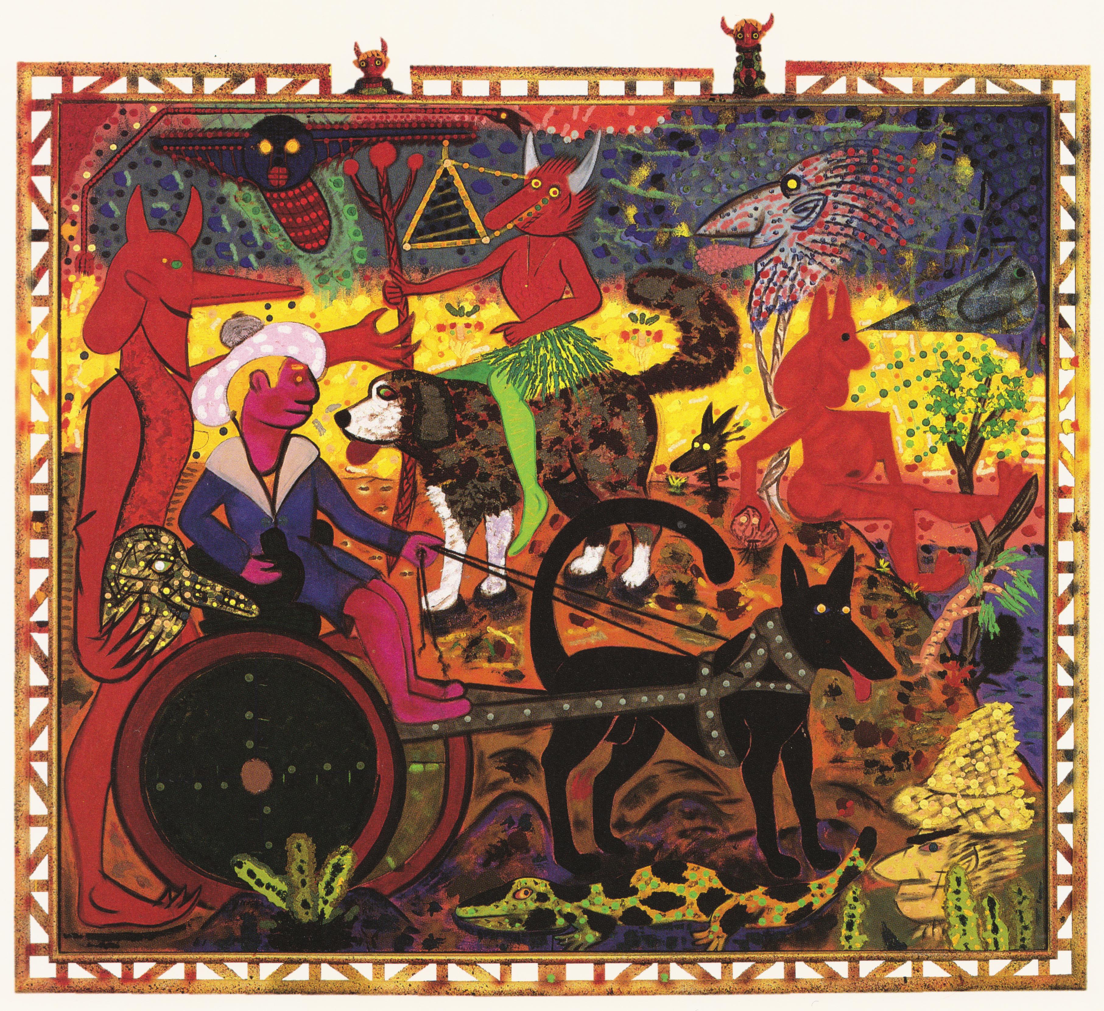 Roy De Forest, Incident on Devil's Island,  1992, Polymer paint on canvas, 84 x 91 inches