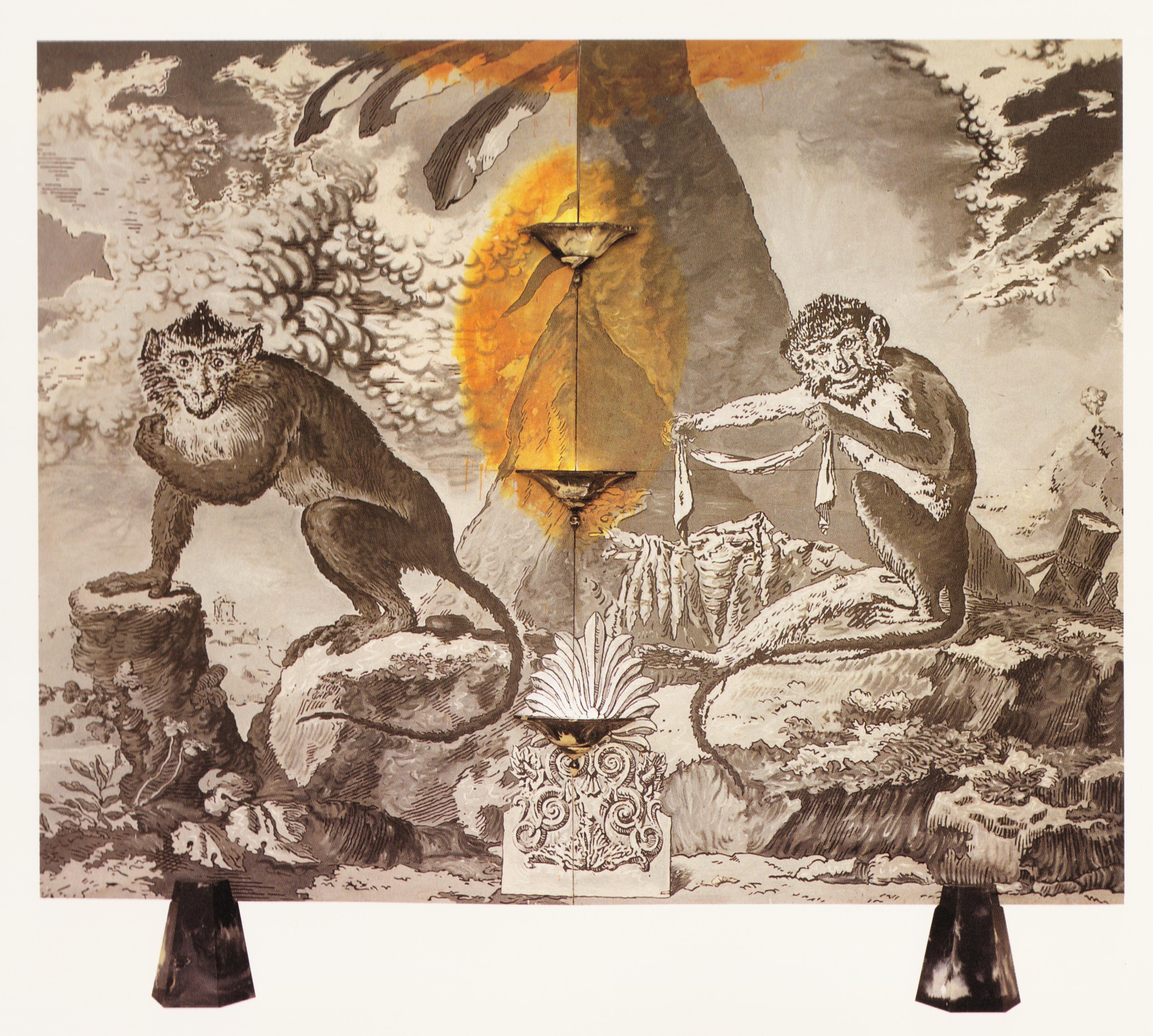 Arsen Savadov and Georgii Senchenko, Black Monkeys, 1991, oil on canvas, plastic lamp shades, and bases, 146x181
