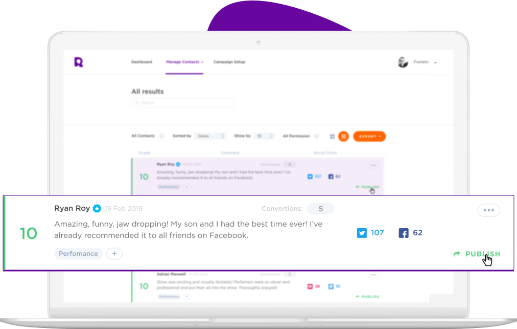 Close up of review from promoter customer with NPS rating 10