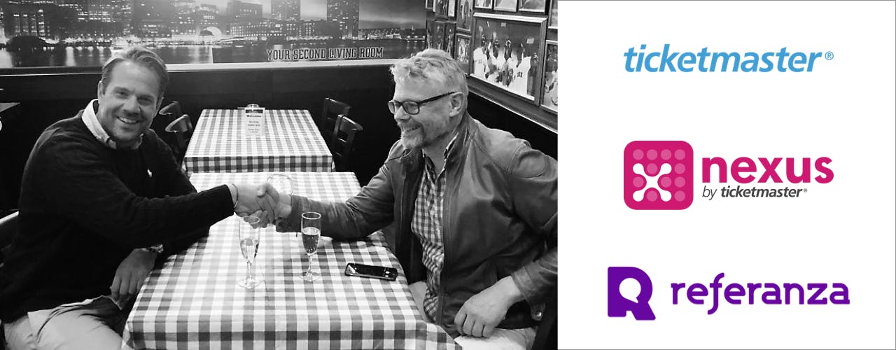 Referanza's CEO Joakim Turesson shaking hands with Ticketmaster's VP of Business Development Pelle Vickhoff