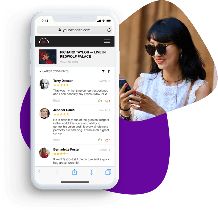 Smiling girl looking at mobile phone plus close up of mobile phone with customer reviews