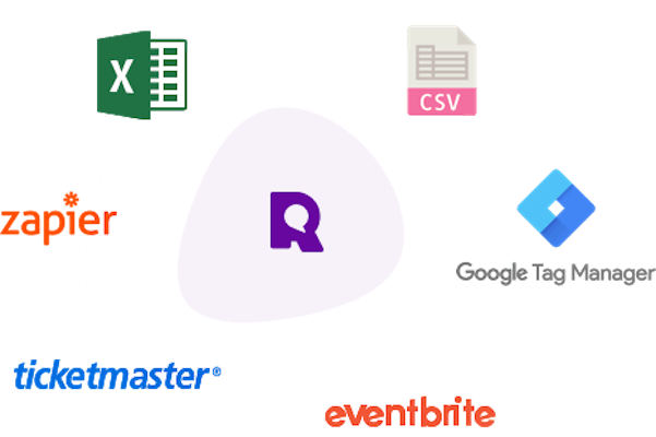 Referanza logo in the middle surrounded by logo of Excel, CSV, Google Tag Manager, Eventbrite, Ticketmaster and Zapier