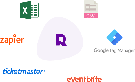 Referanza logo in the middle surrounded by logo of Excel, CSV, Google Tag Manager, Eventbrite, Ticketmaster and Zapier