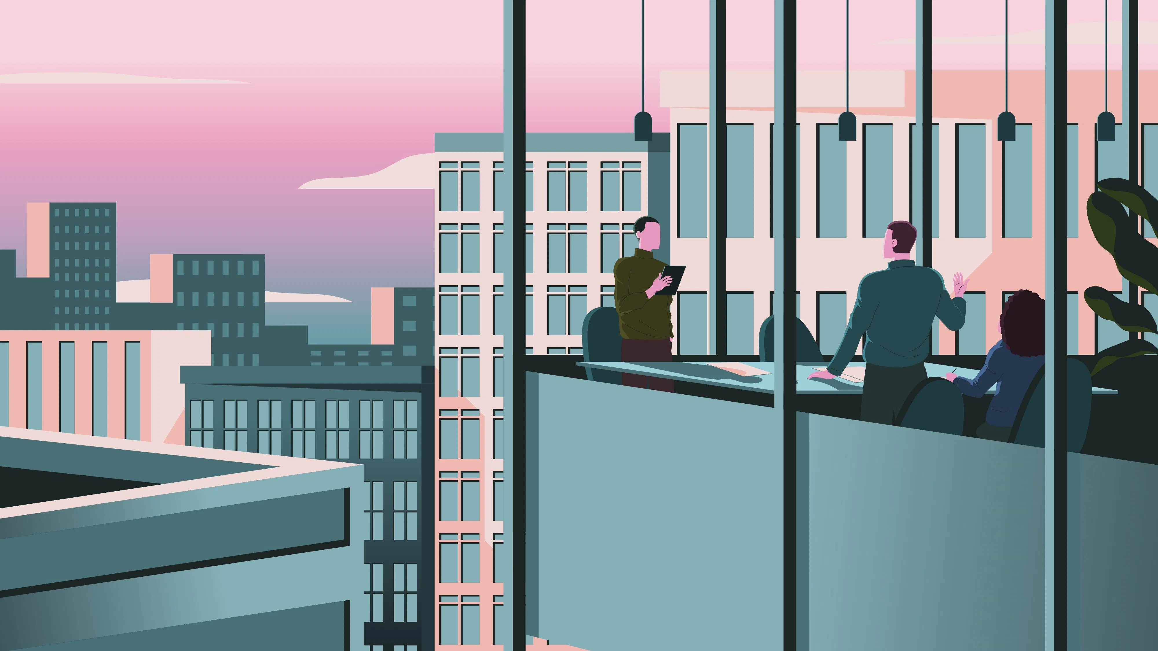 Employees in a modern office with panoramic city views – symbolising the future of flexible workplaces and the challenges facing today’s landlords.