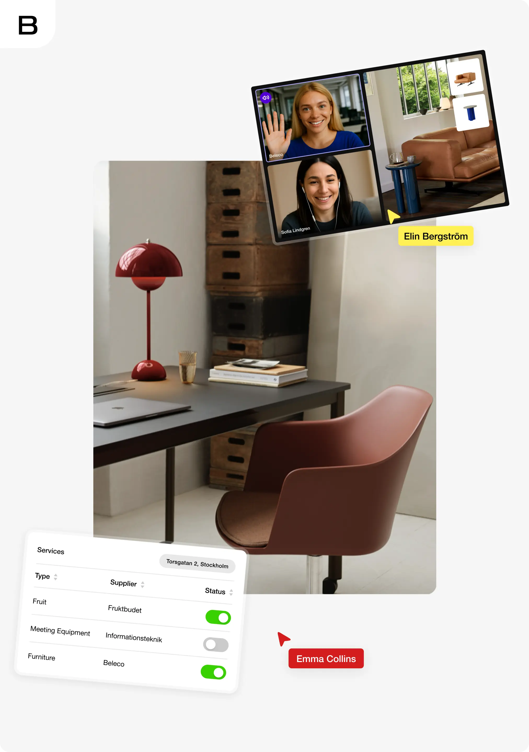 Illustration of a digital platform that brings together office furniture and FM services in one subscription. The image shows a home office with a chair and desk, a video call with two people, and a control panel where services like fruit delivery, meeting equipment, and furniture can be activated.
