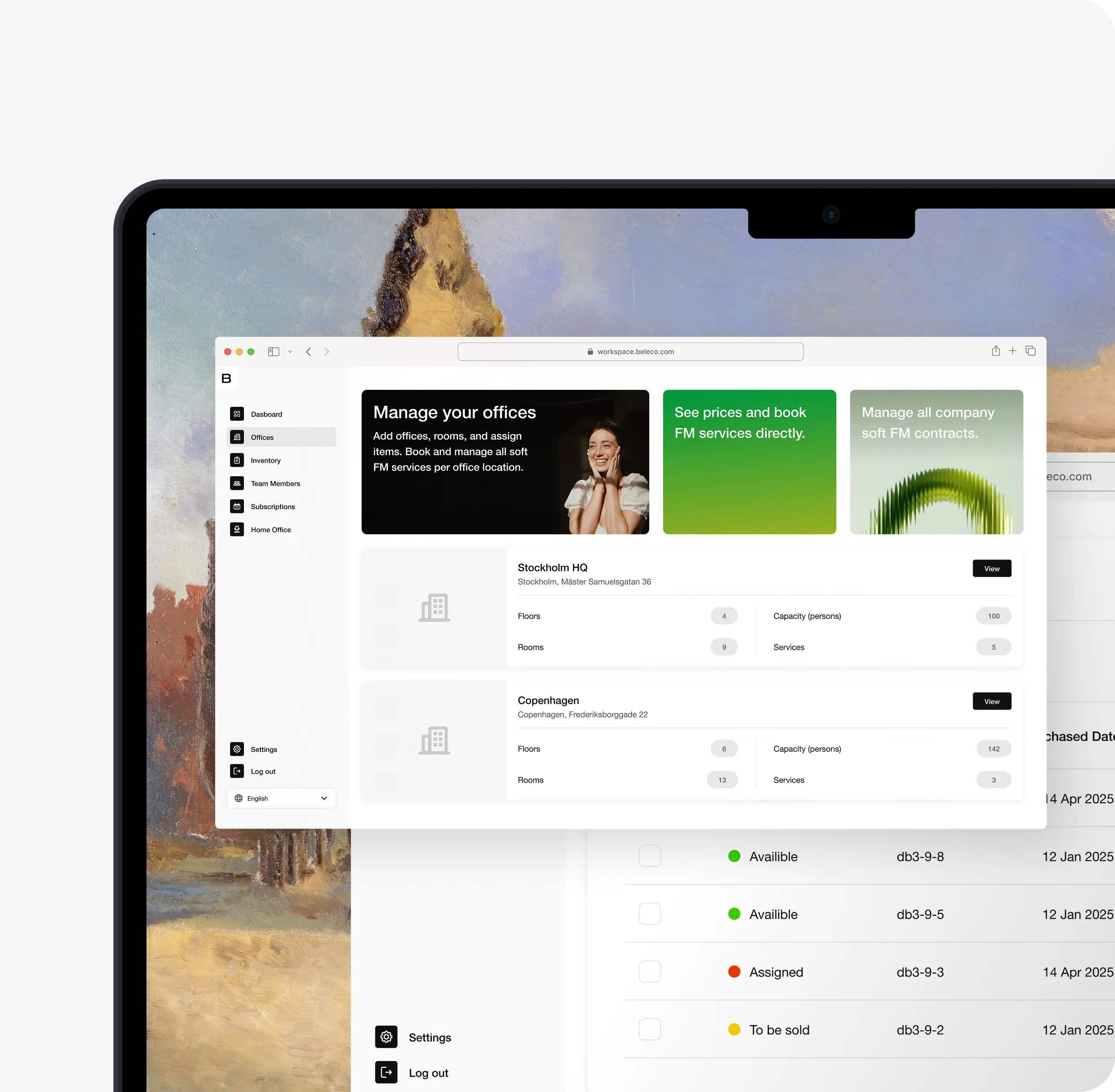 Beleco’s platform – an overview of offices, inventory, and services for simple management in one place.