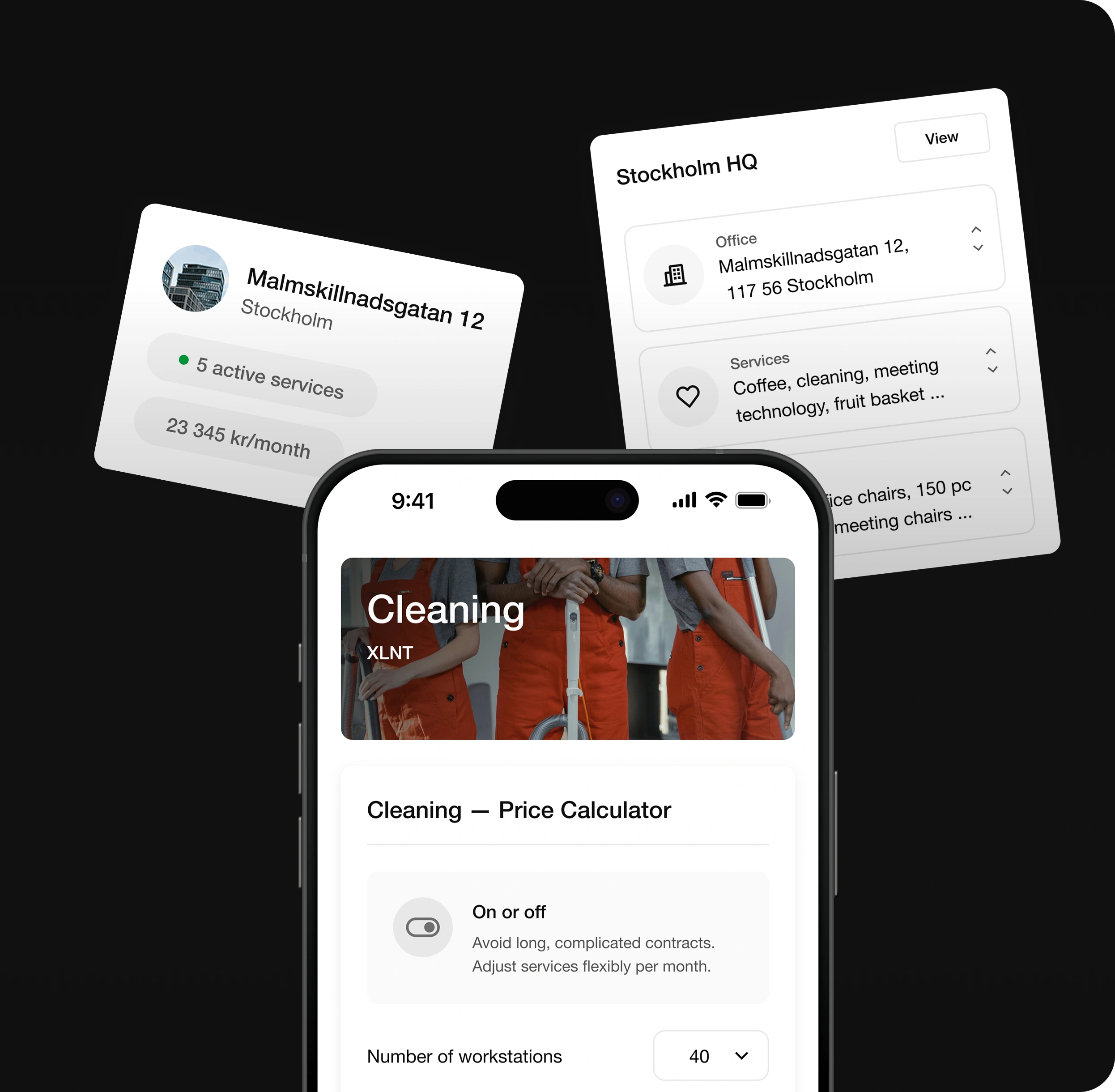Beleco’s platform – flexible management of office services like cleaning, with transparent pricing and active contracts.