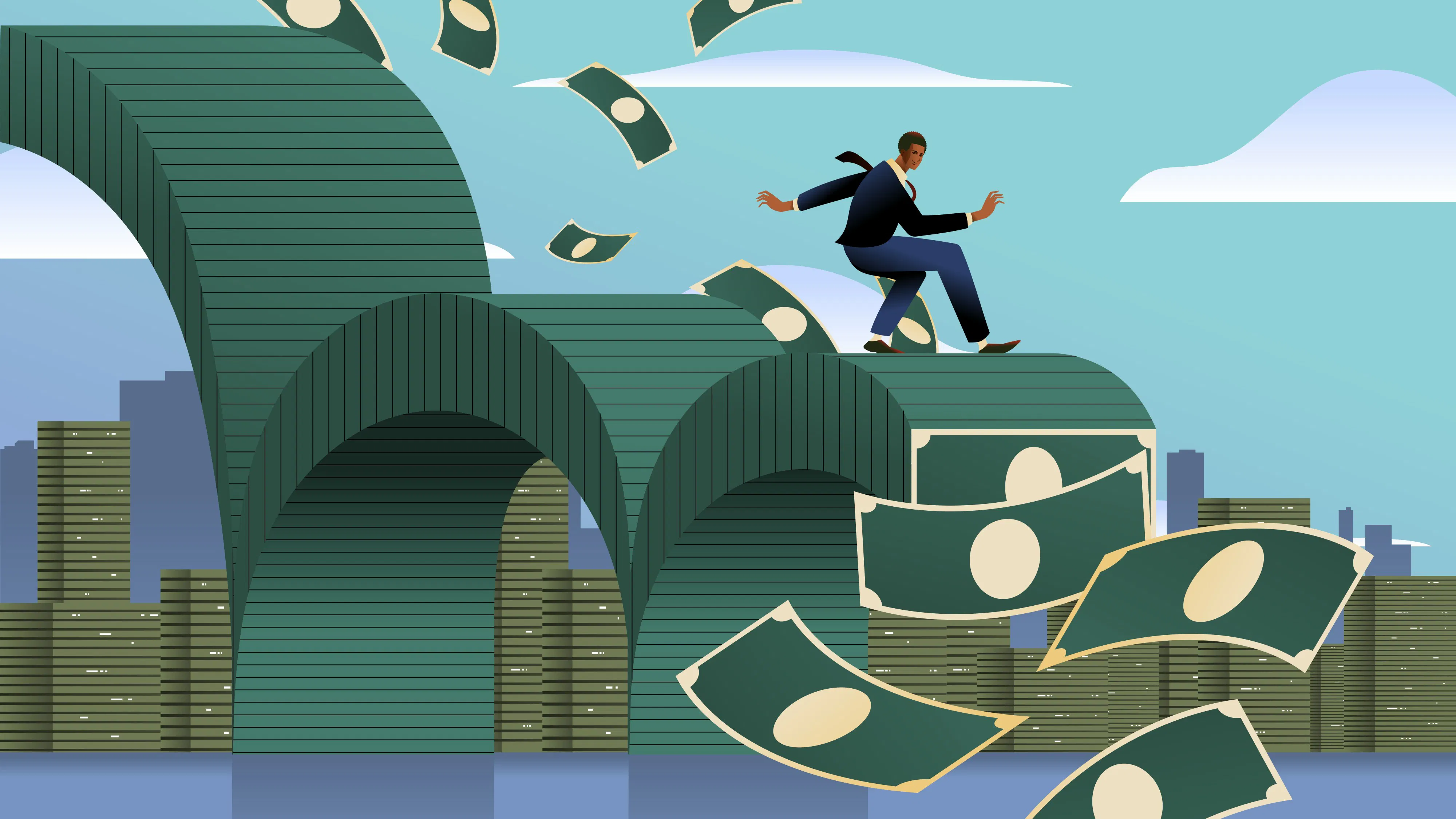 Illustration of a businessman trying to balance on a scale of money, while banknotes fall away – symbolizing how companies lose capital through inefficient office investments.