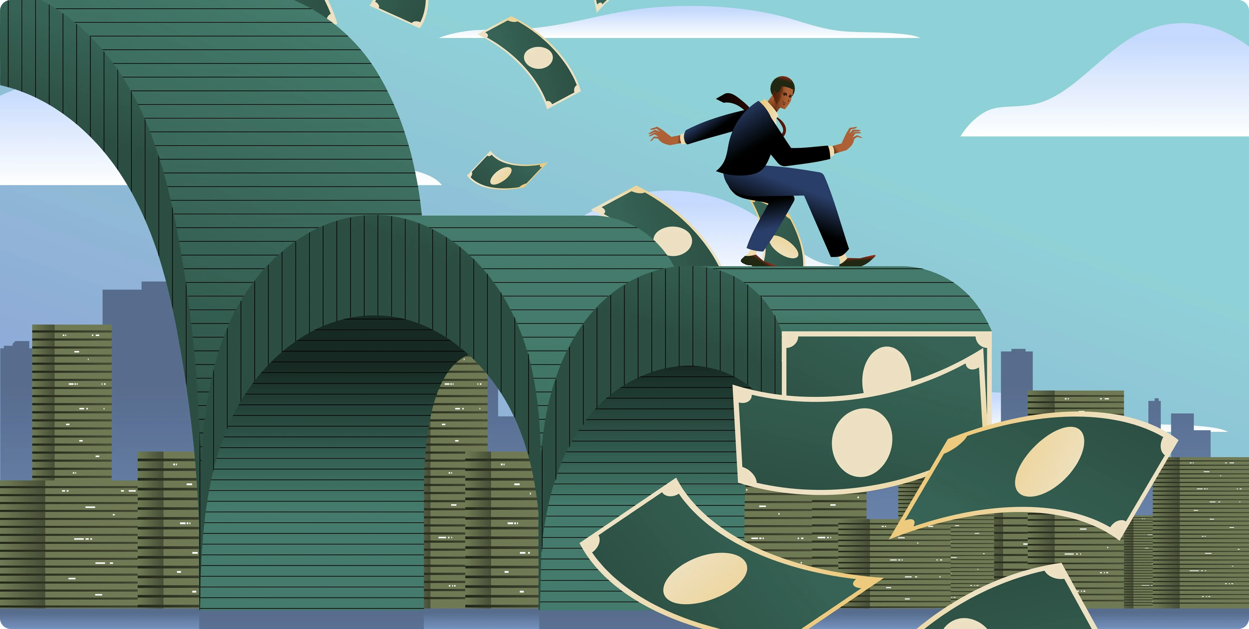 Illustration av en affärsman som försöker balansera på en våg av pengar, medan sedlar faller bort – symbol för hur företag tappar kapital genom ineffektiva kontorsinvesteringar