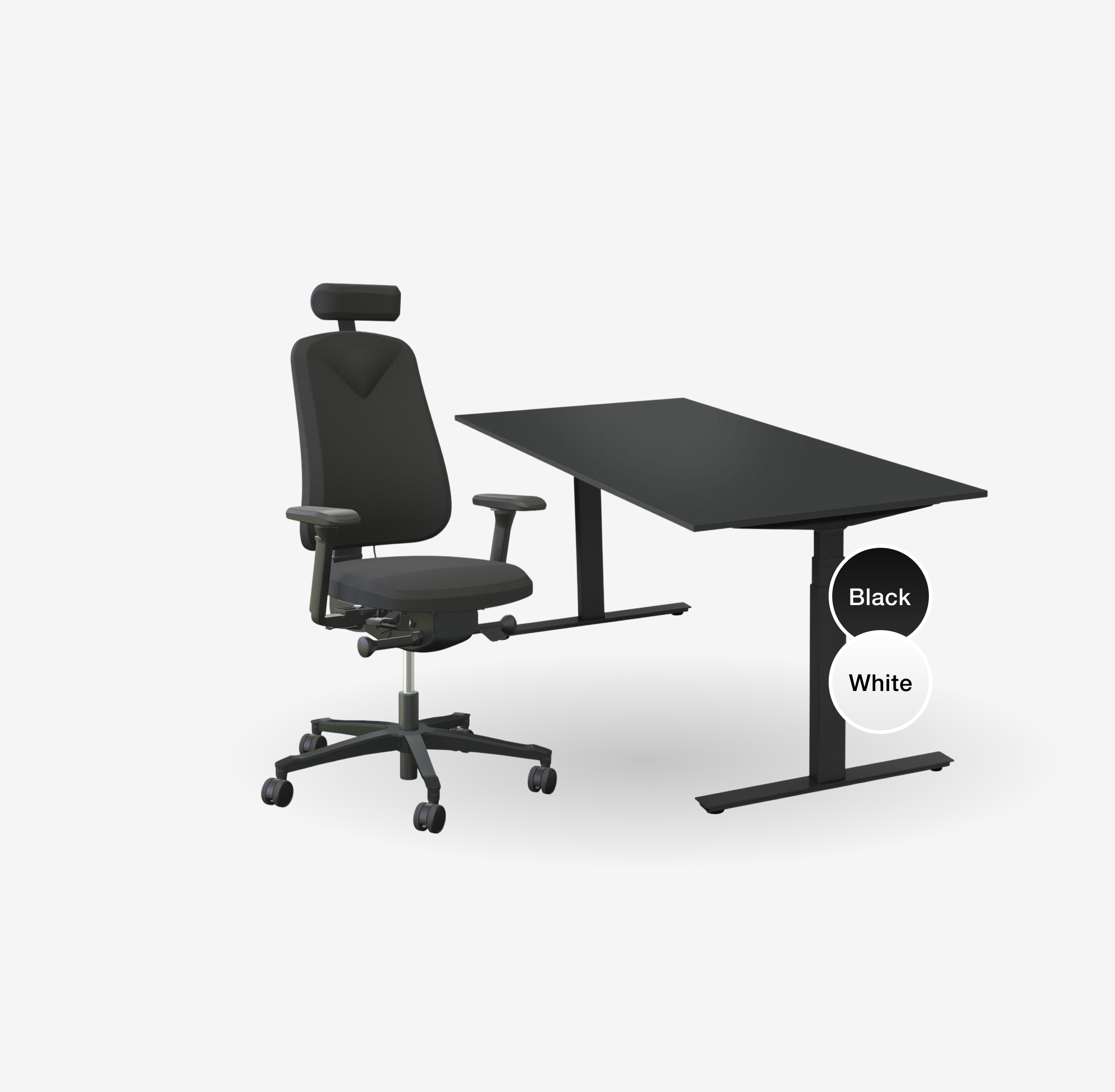 A black ergonomic office chair with wheels and an adjustable headrest, placed next to a black height-adjustable desk. Color options shown: “Black” and “White.”