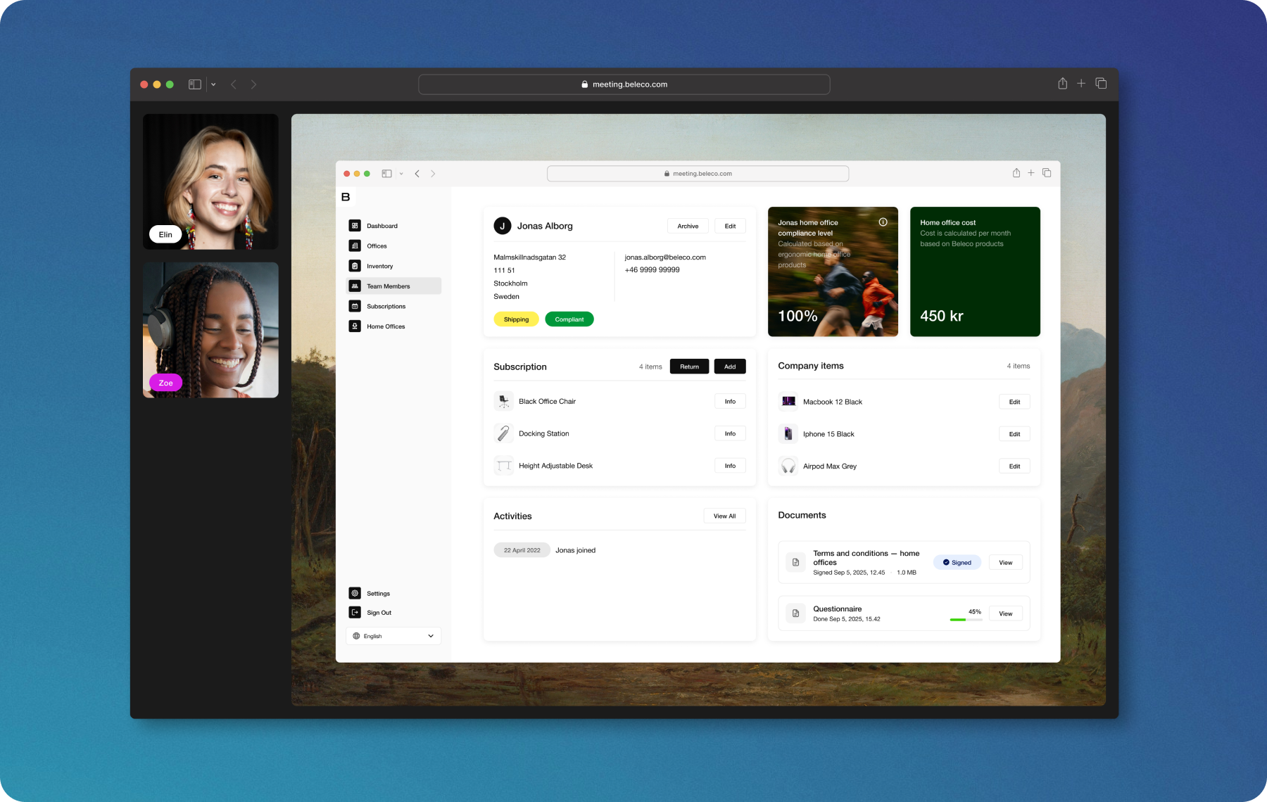 Screenshot of Beleco’s meeting platform during a video call with two participants. On the right, a detailed user profile for Jonas Alborg is displayed, including address, office product subscriptions, company items, home office cost, and uploaded documents.