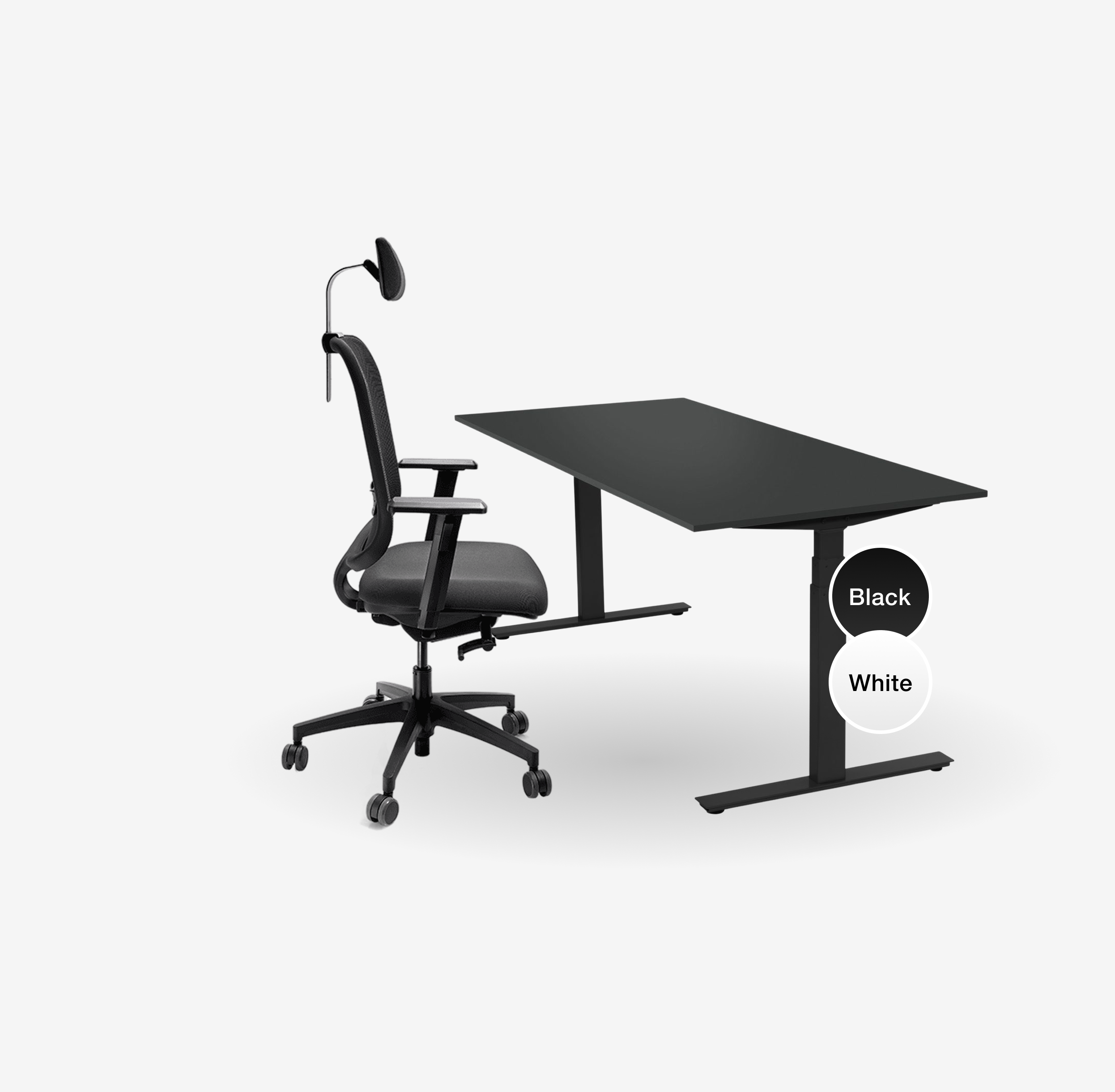 A black ergonomic office chair with wheels and an adjustable headrest, placed next to a black height-adjustable desk. Color options shown: “Black” and “White.”