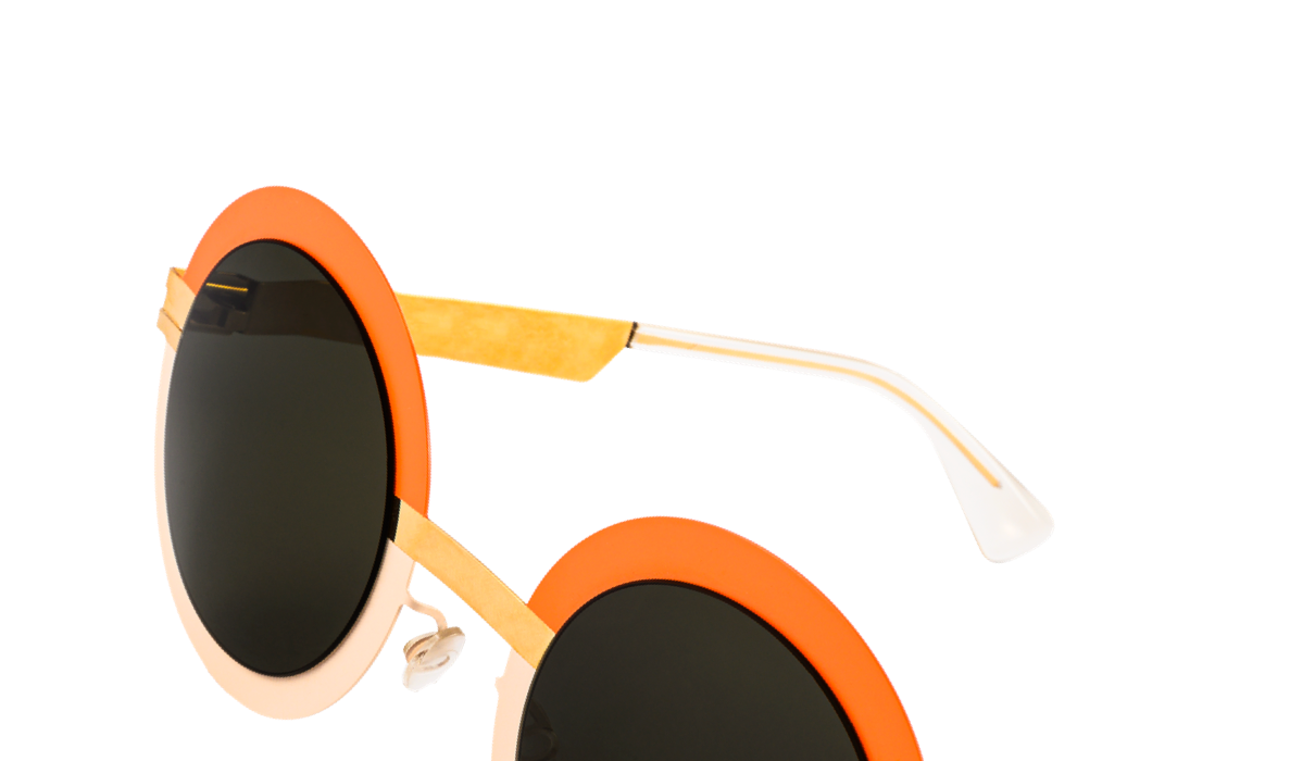 lunette de soleil femme mykita modèle 4 3 forme ronde orange rose mat et branches dorées mode originale verres gris vert 