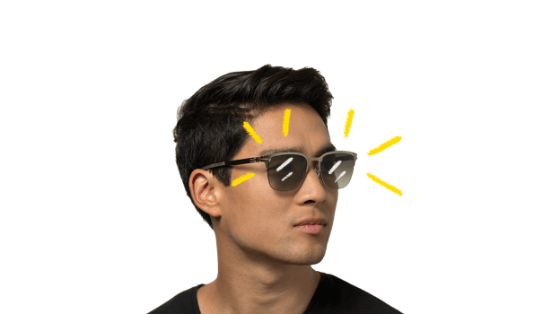 mannequin homme porte lunette de soleil mykita modèle easton métal chromé gris marron carrée verres dégradés vert tracés jaune effet pinceau autour de la monture    