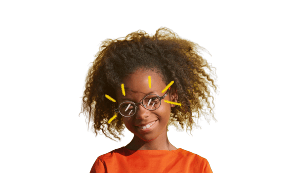 mannequin petite fille porte lunette de vue metal ronde ovale tracés jaunes effet pinceau autour de la monture  