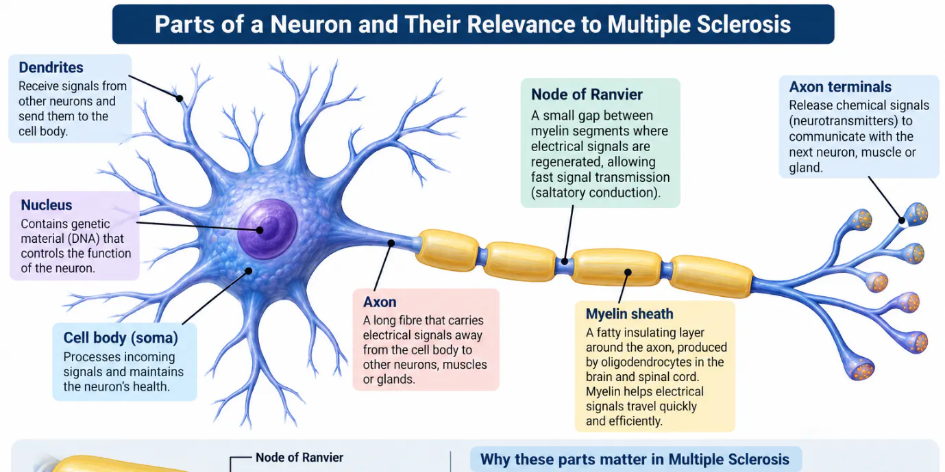 Parts of a neuron (dendrites, cell body, axon, myelin sheath, nodes of Ranvier, axon terminals) and why they matter in multiple sclerosis