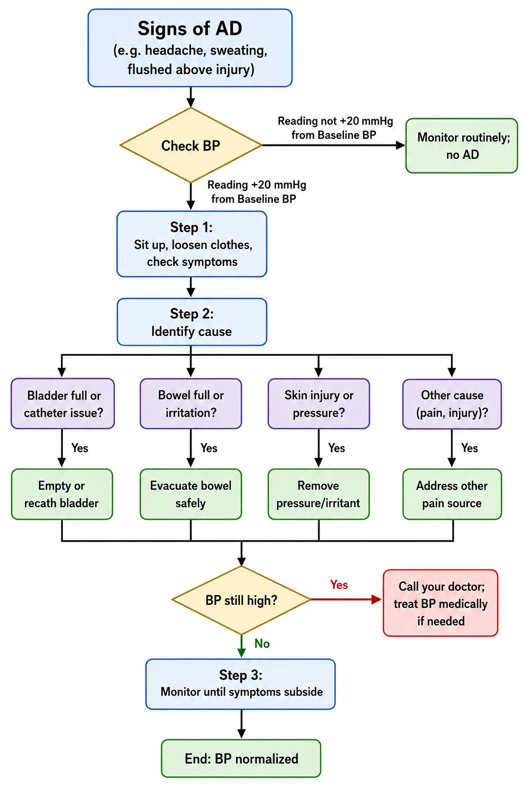Flowchart showing the management of autonomic dysreflexia (AD) in people with spinal cord injury, including blood pressure assessment, identification of triggers, treatment steps, and follow-up monitoring.