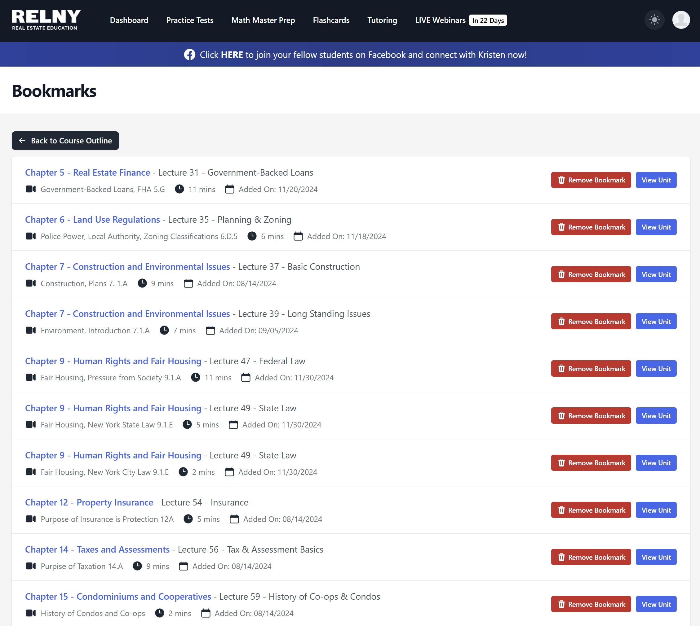 RELNY Course Platform Features - Bookmarkable Videos with Kristen's Tips