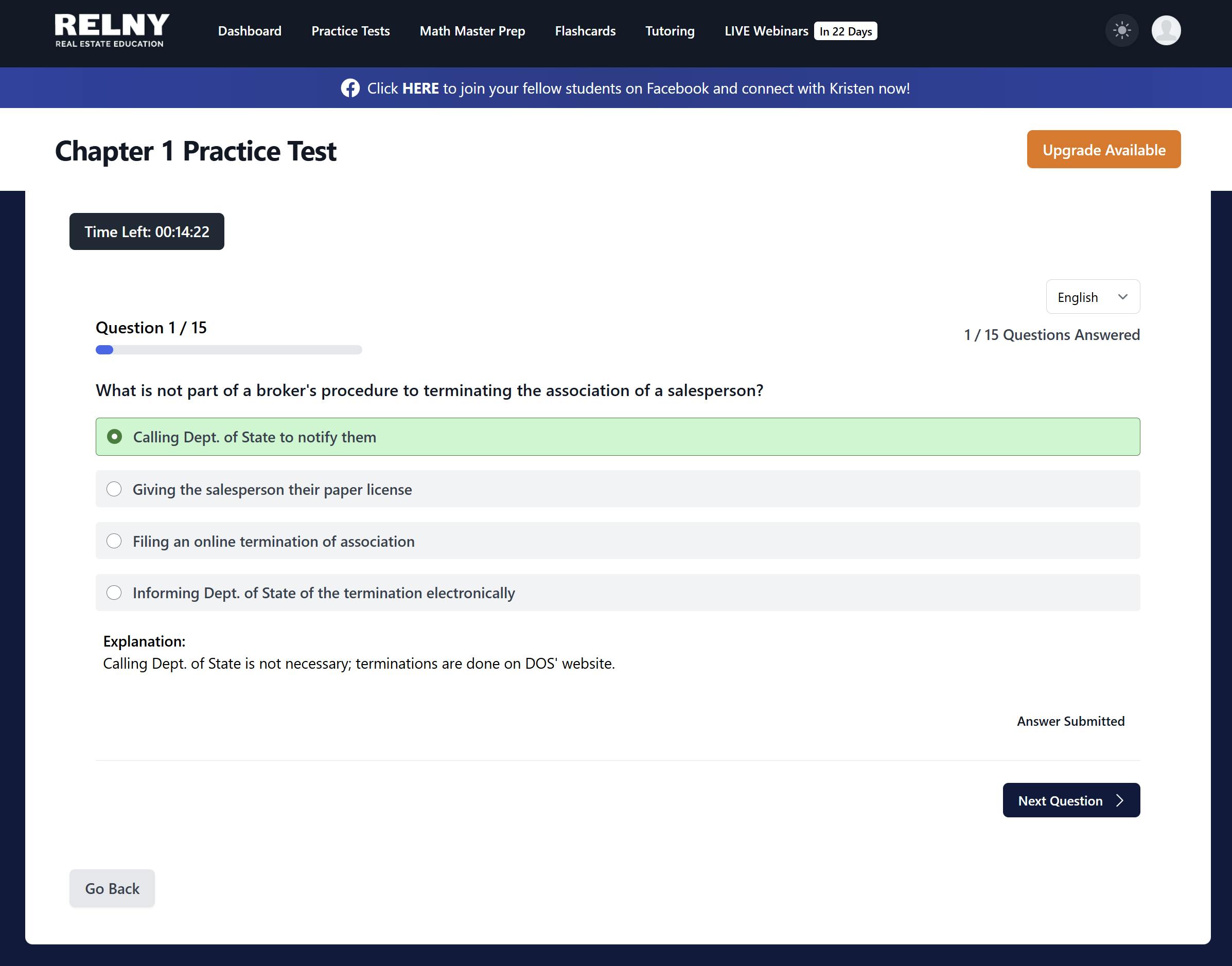 RELNY Course Platform Features - Practice Tests