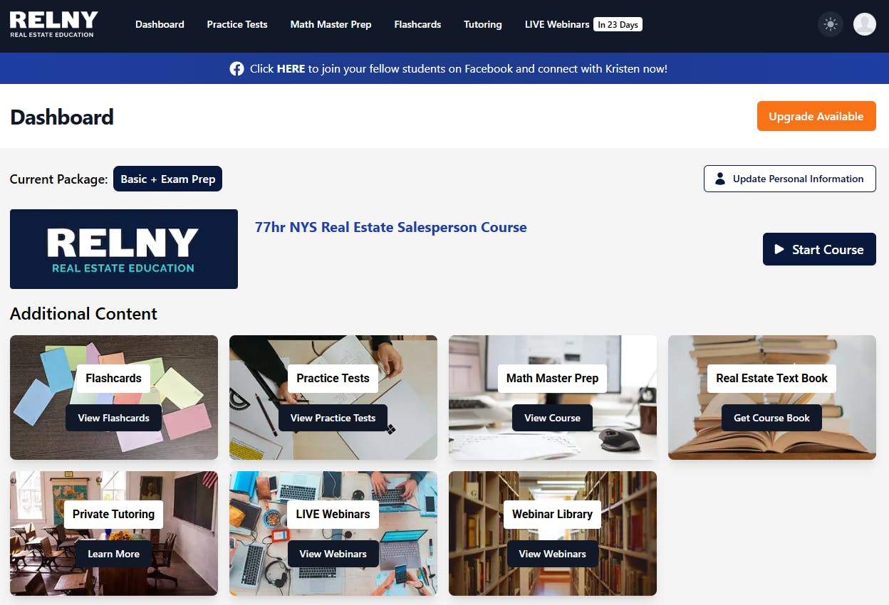 RELNY Course Platform Features - Dashboard