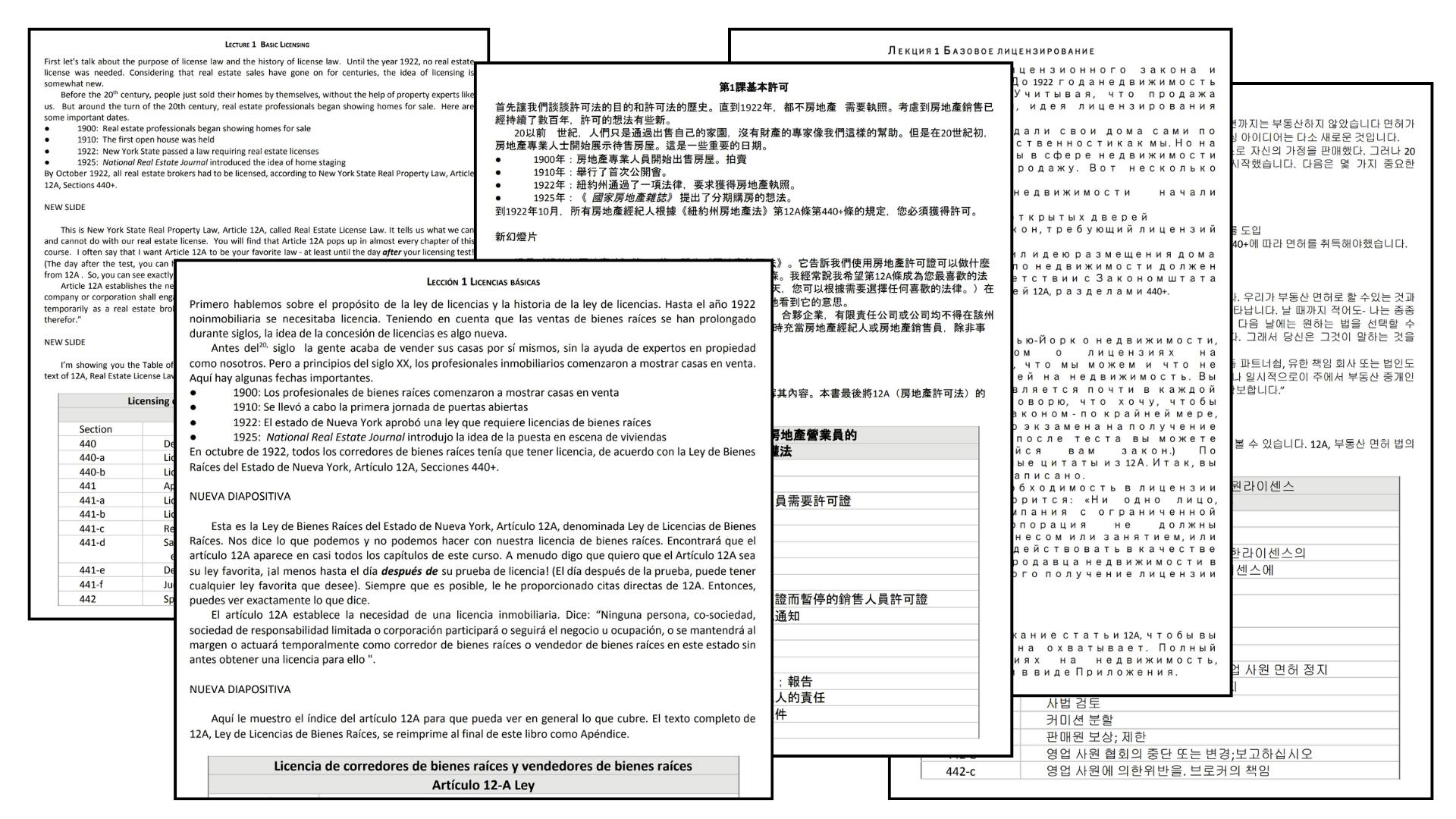 RELNY Course Platform Features - Transcripts in 5 NYS DOS Exam Languages