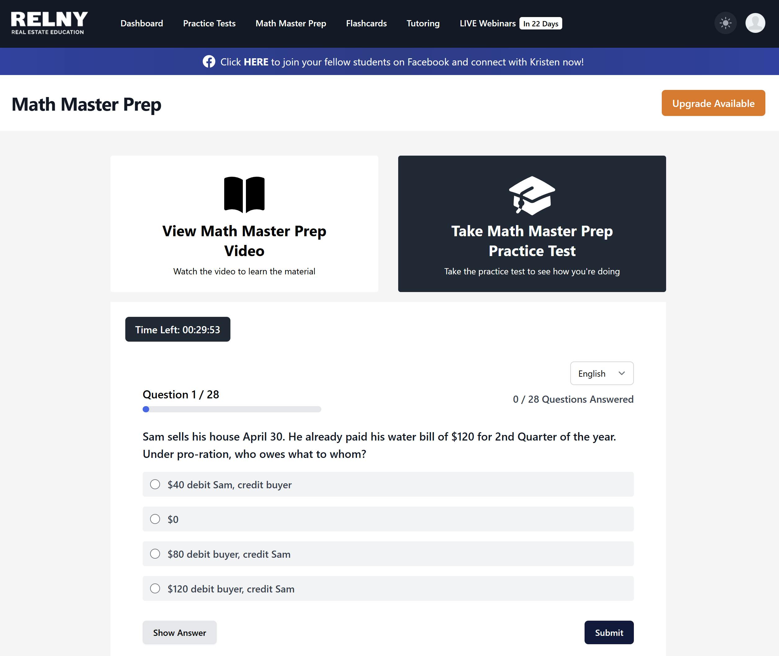 RELNY Course Platform Features - Math Master Prep & Practice Test