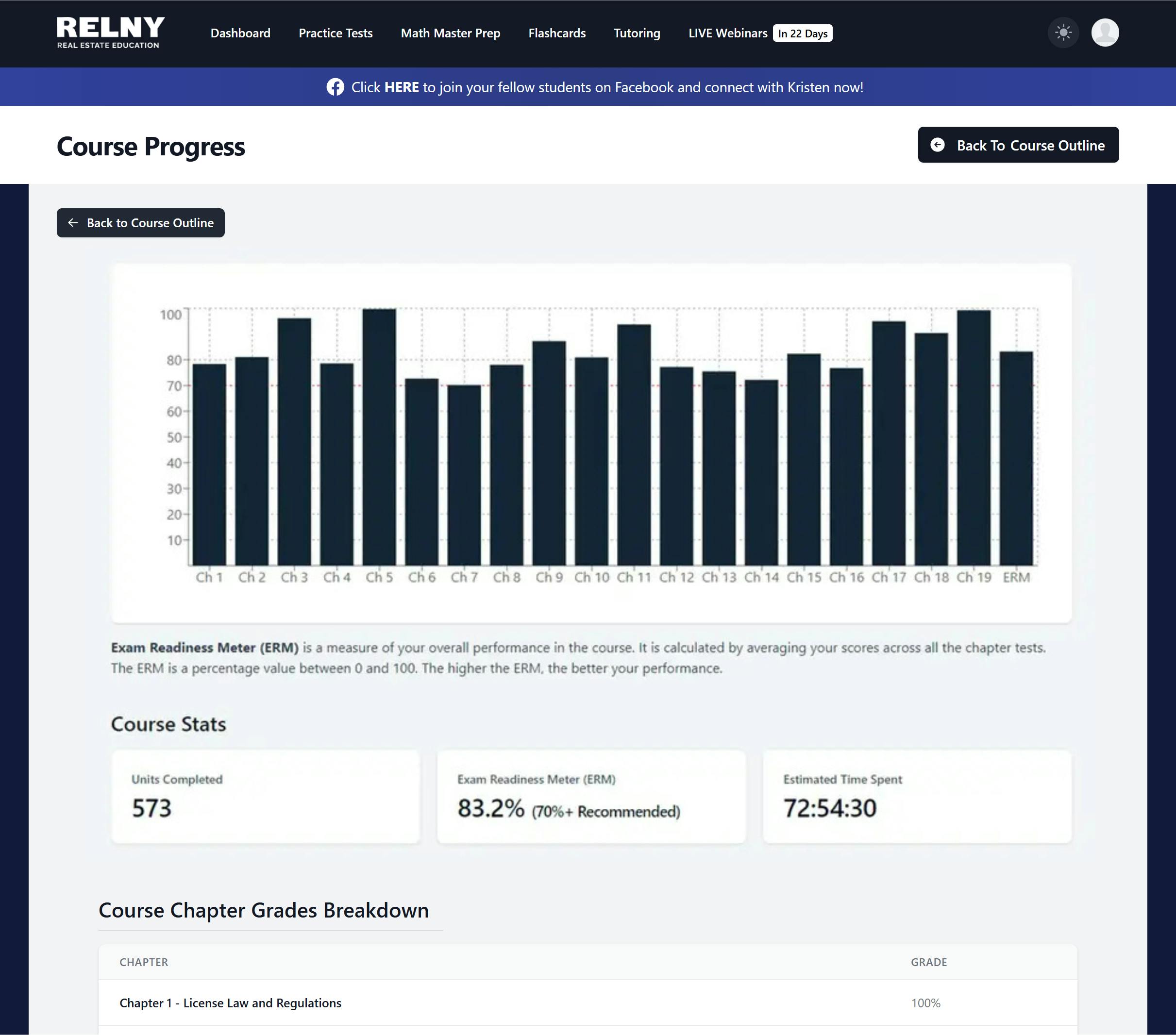 RELNY Course Platform Features - Exam Readiness Meter ERM Progress
