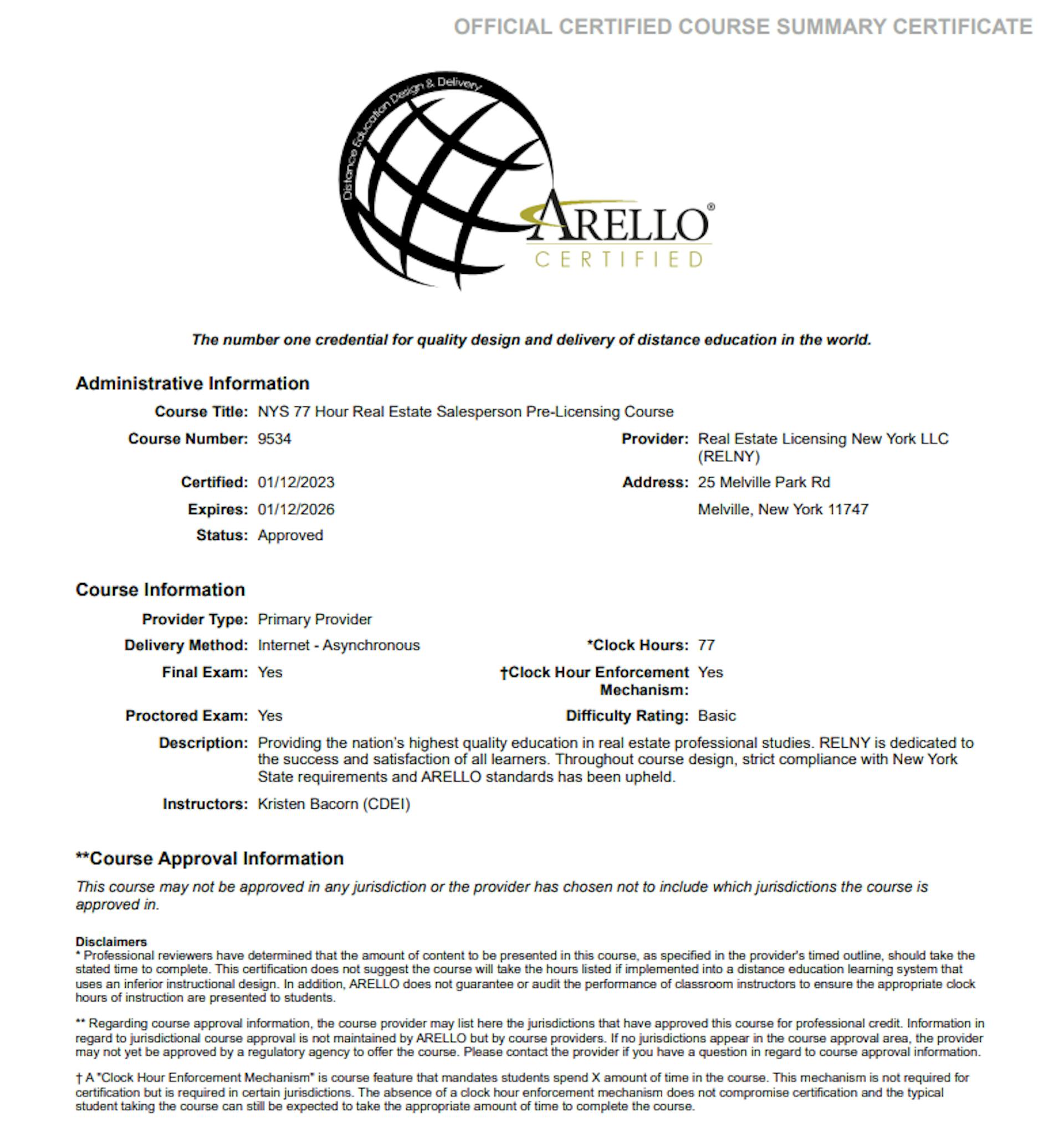 RELNY Real Estate Licensing New York 77 Hour Salesperson Pre-Licensing Course ARELLO® Acceditation Certificate